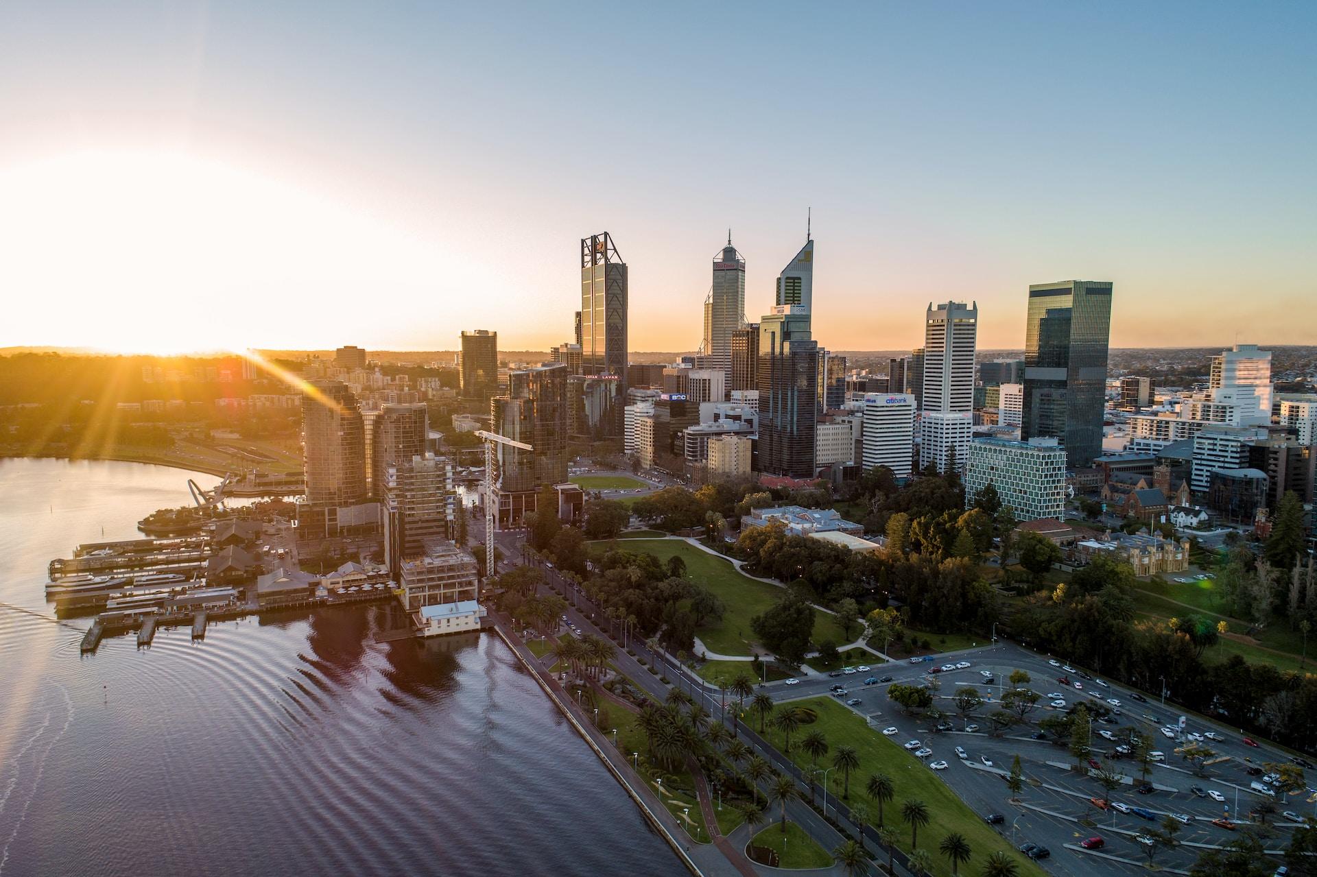 An aerial shot of Perth, Australia, during the golden hour.