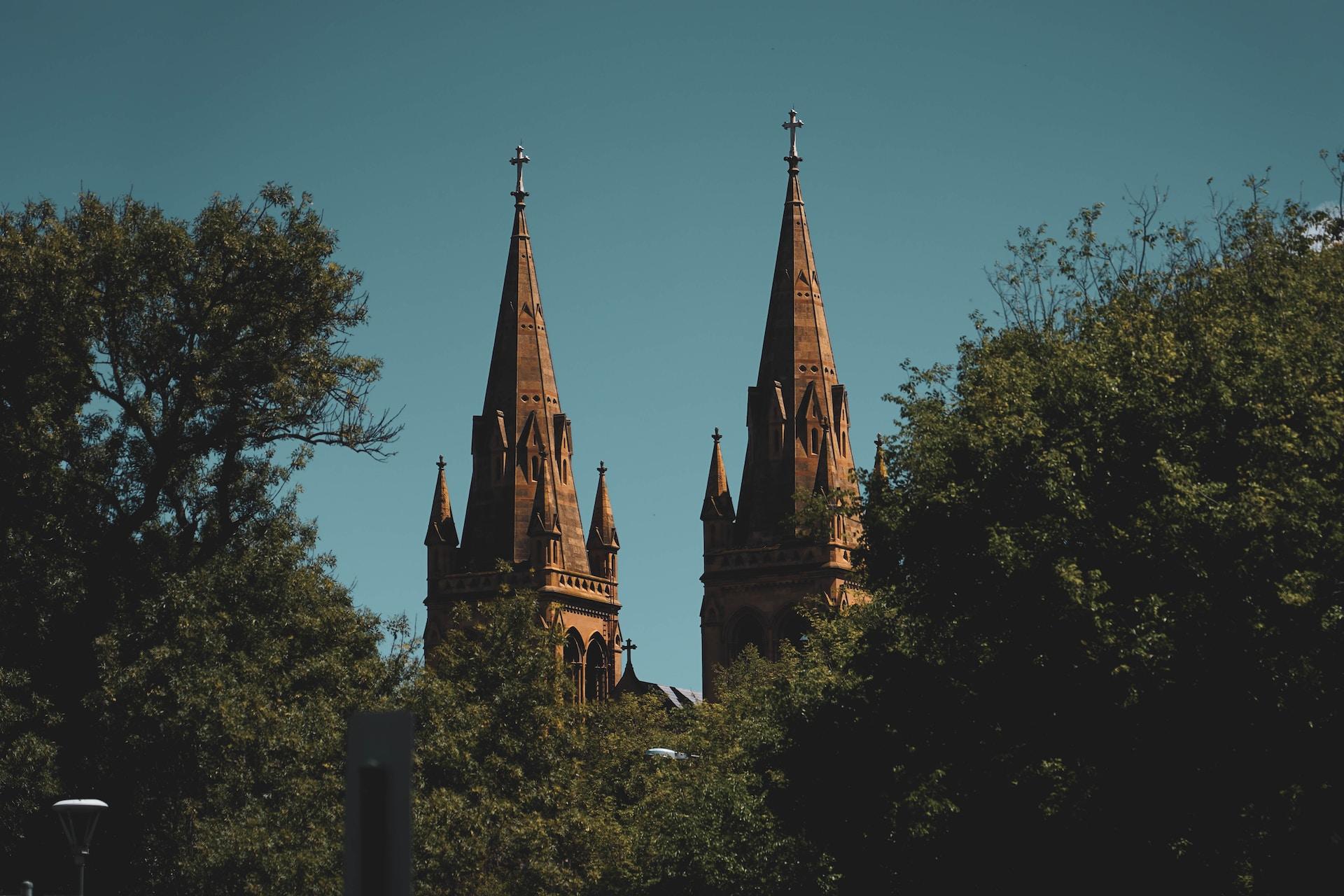 A view of two spires in Adelaide, Australia.