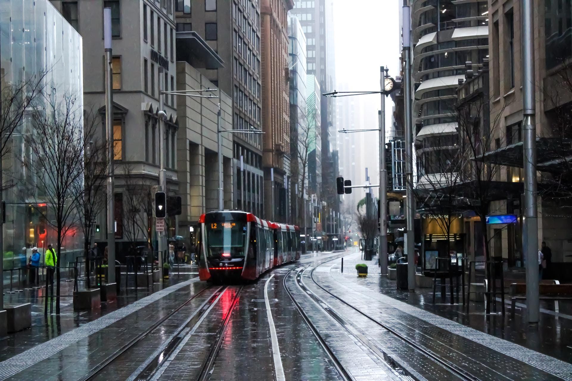 A Sydney tram in the rain.