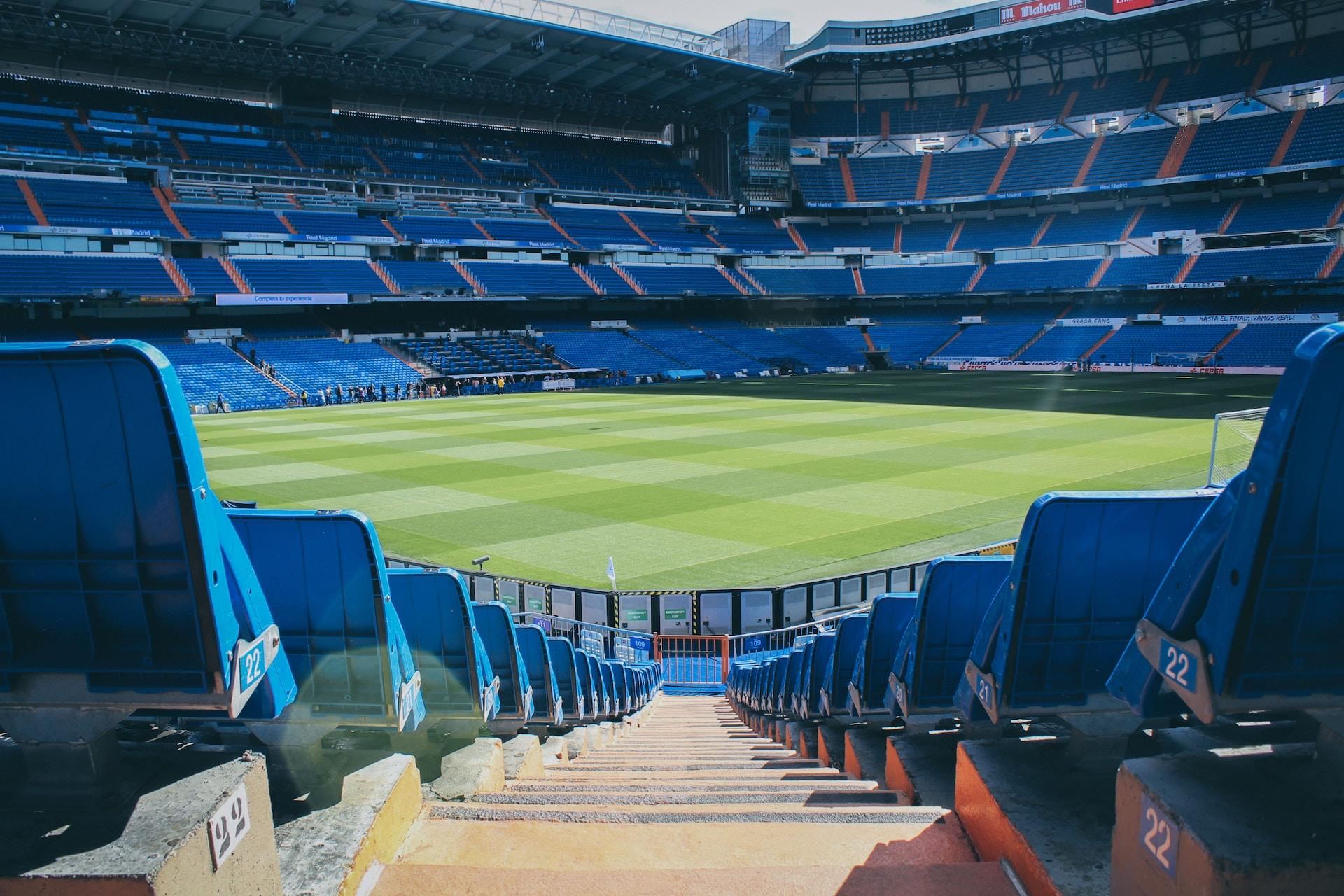 Seats in a soccer stadium in Madrid, Spain.