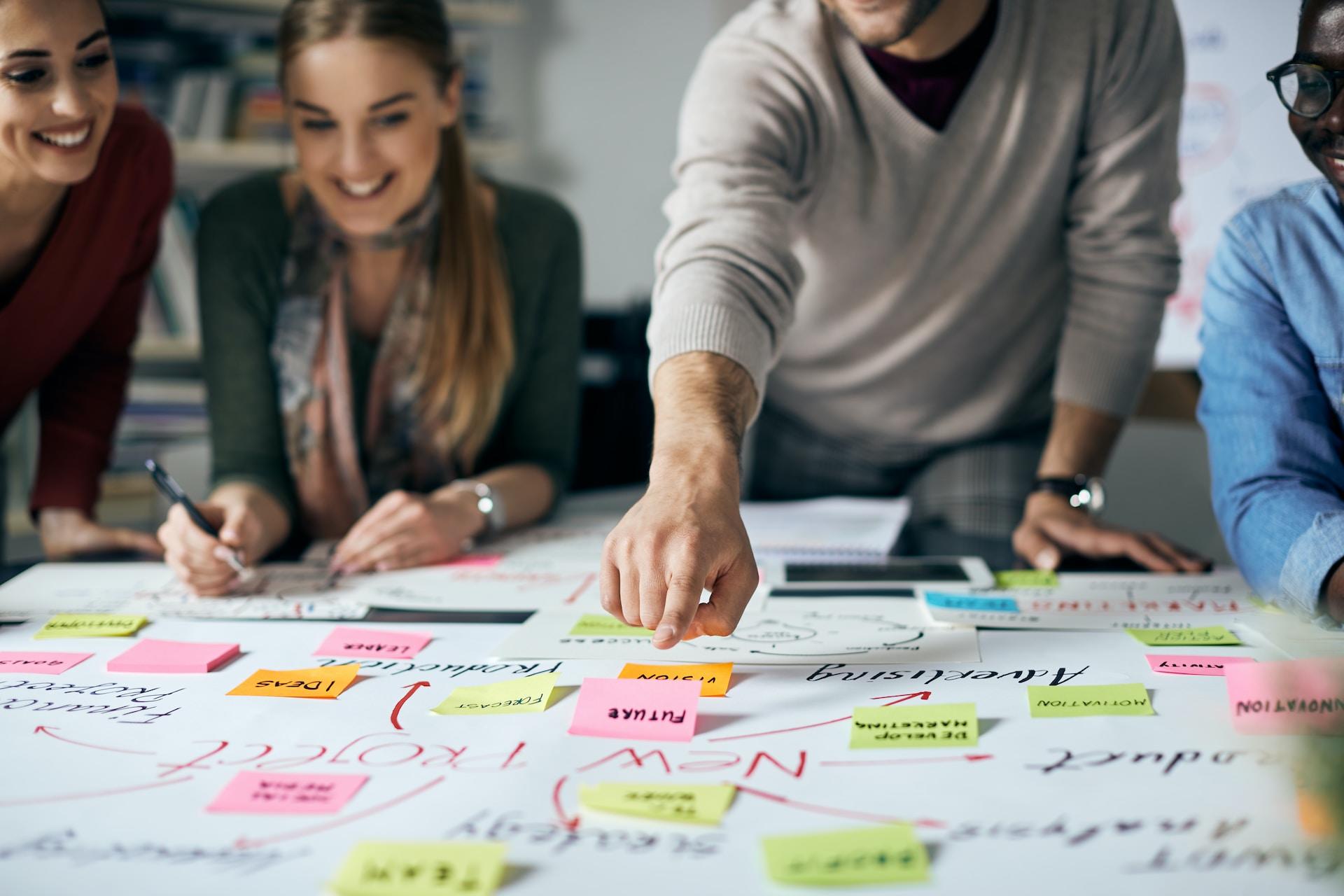 A group of smiling youthful people gathered around a large mind map spread out on a table, with information marked in pink and yellow sticky notes among writing in black ink.