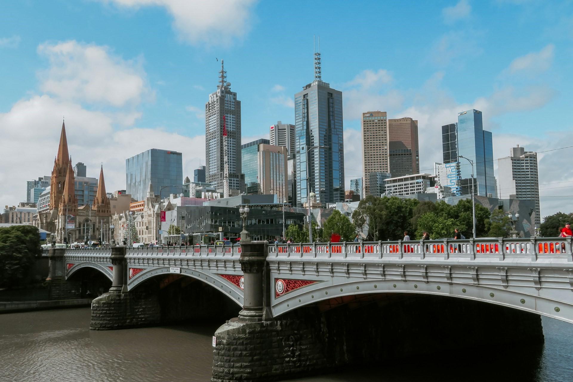 A bridge and the centre of Melbourne, Australia.