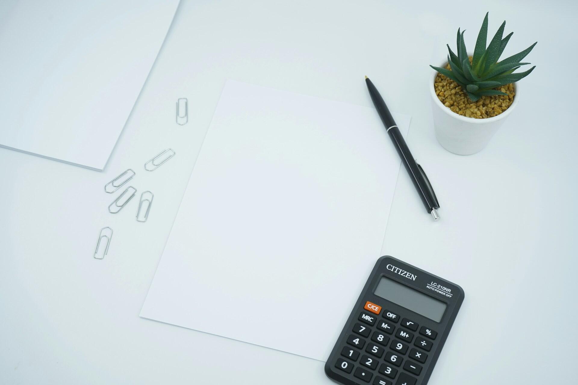 Some blank sheets, a pen, a calculator, paperclips, and a small potted succulent on a white background.