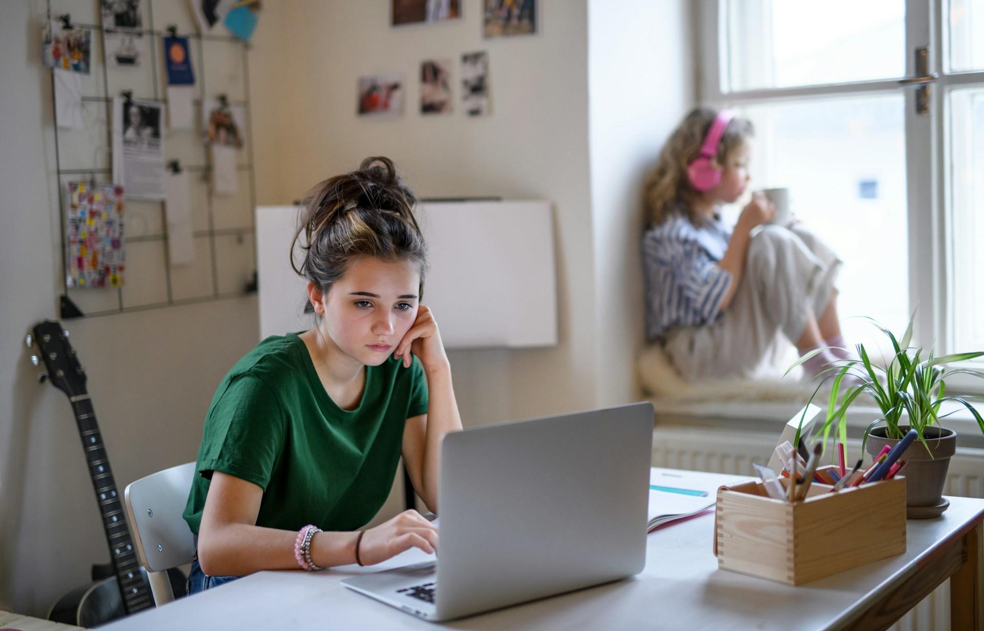 A teen sits at the computer with a worried look on their face.