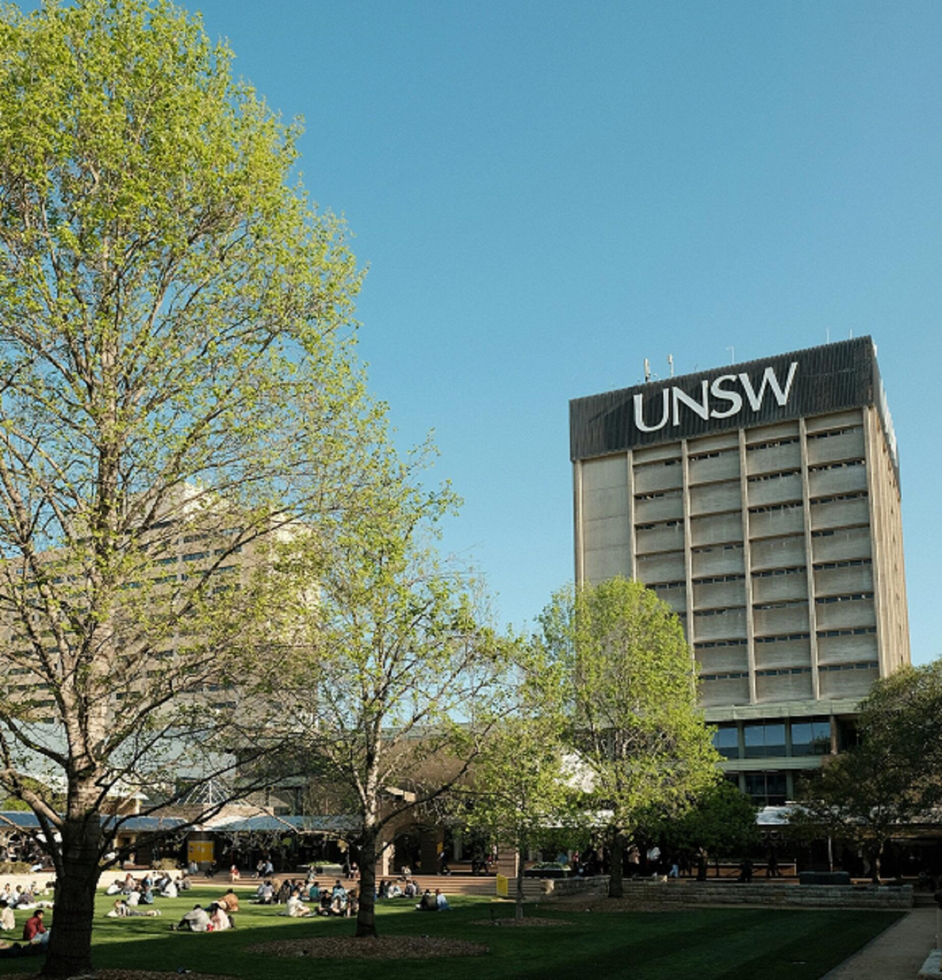An open green space in front of a tall building.