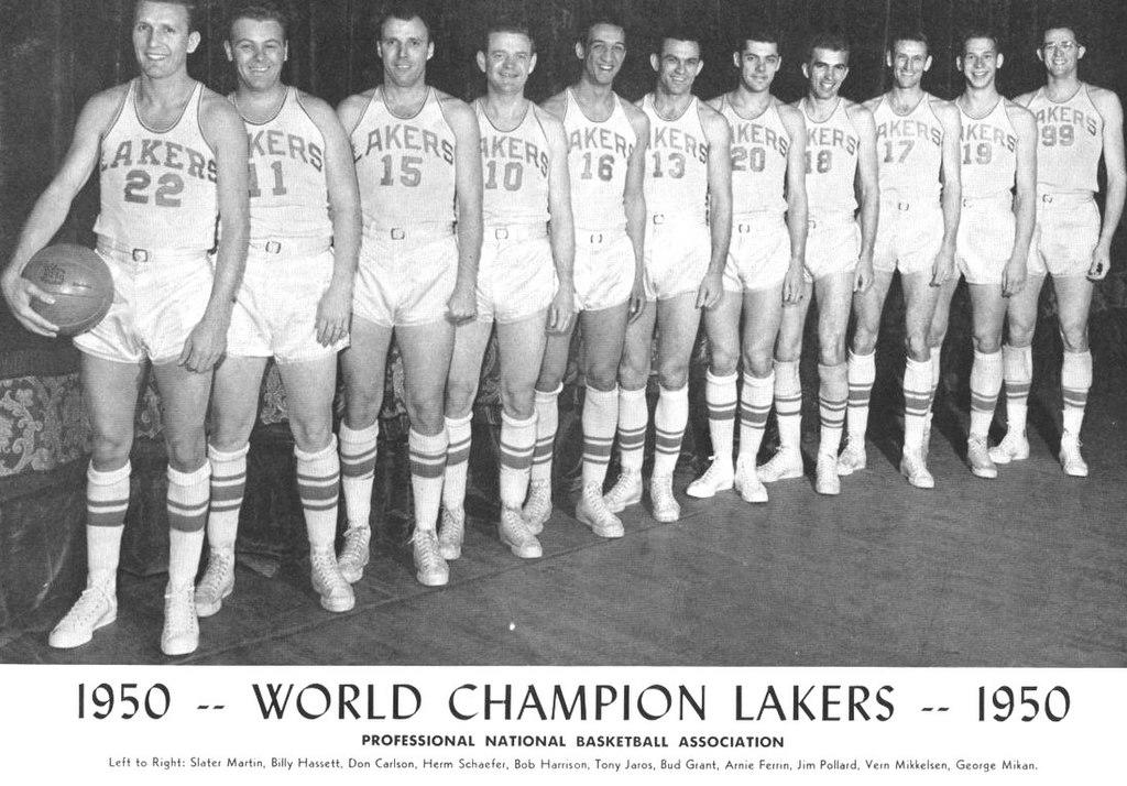 An old photo from a newspaper showing the 1949-1950 Minneapolis Lakers team, announcing their NBA win