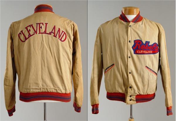 A vintage Cleveland Rebels warm-up jacket on a form