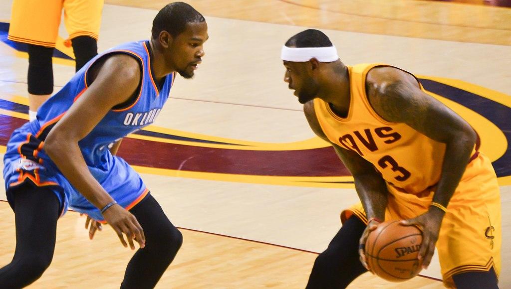 A photo of Kevin Durant and LeBron James opposing on the court