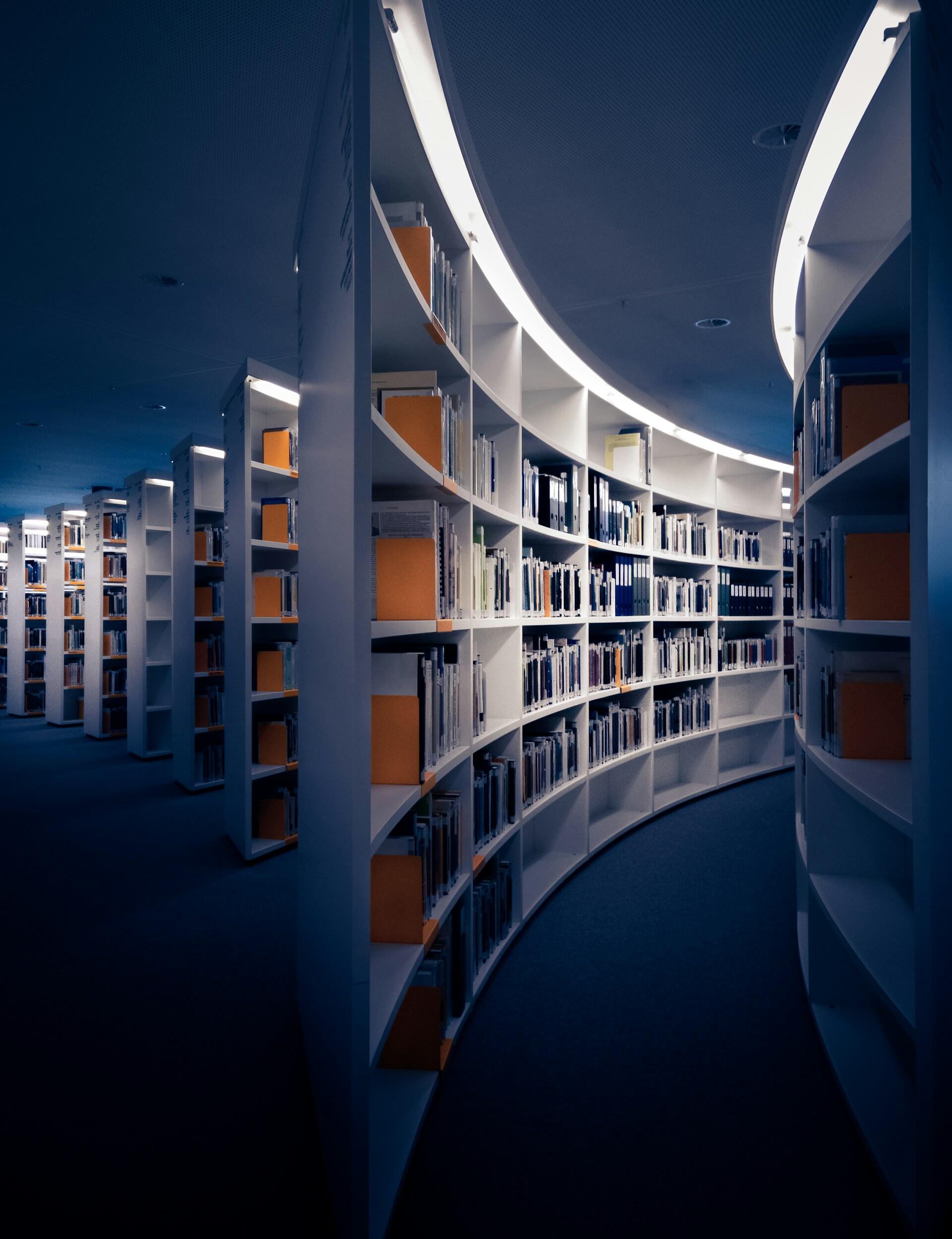 Shelves in a library.