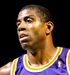 A close up of a picture of Magic Johnson during a game