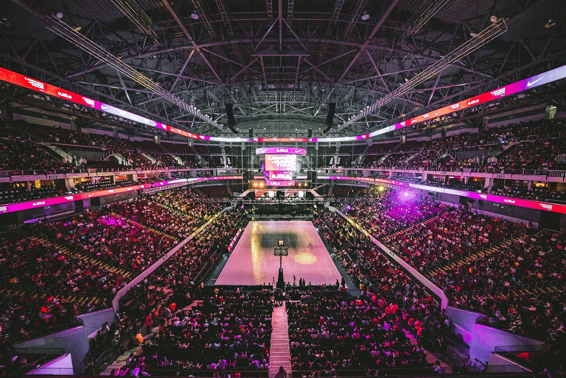 A wide shot of a basketball arena where an NBA game is about to be played