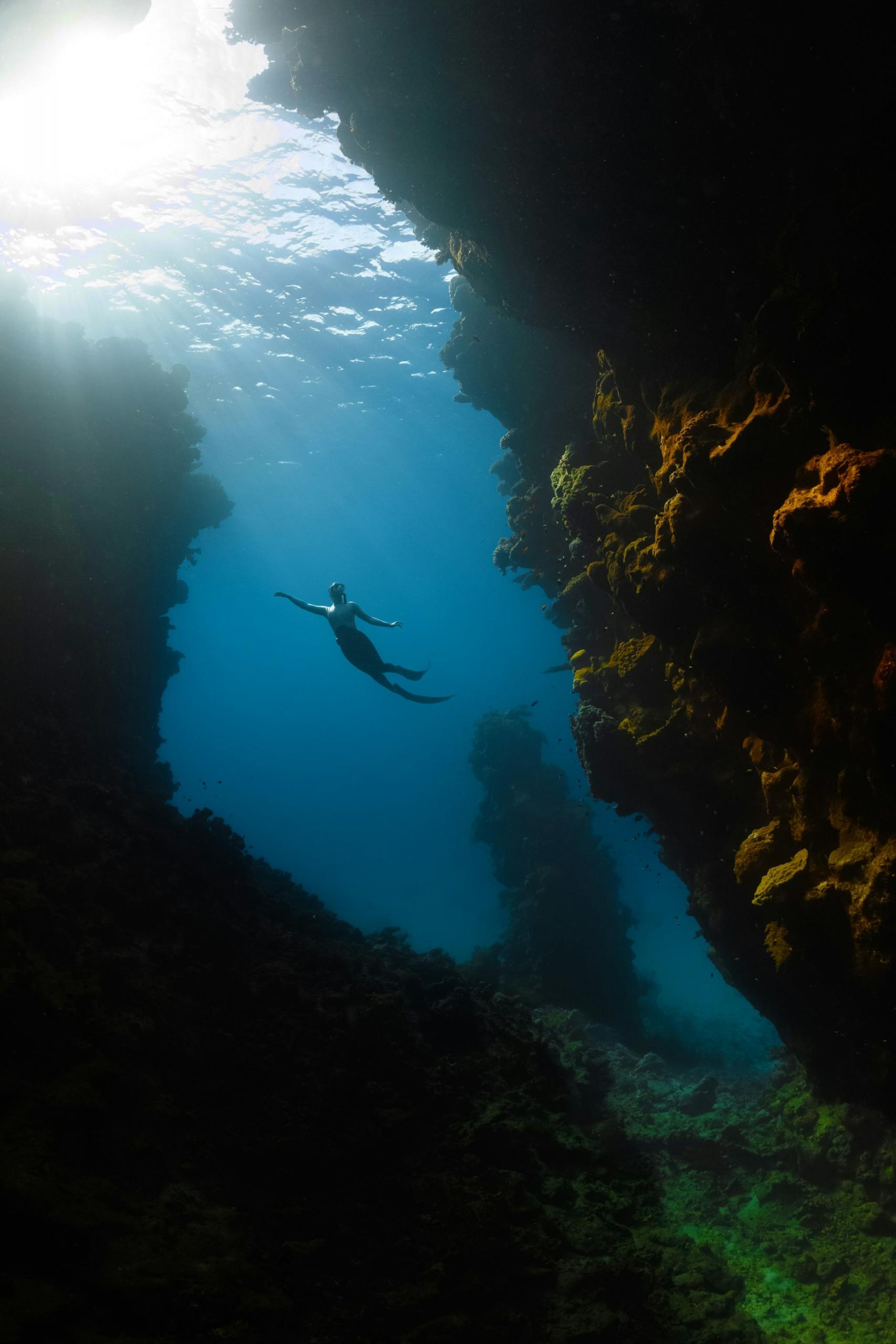 A diver hovers between two rock formations a few feet over the green vegetation on the basin's floor while the sun shines diffusedly through the water. 