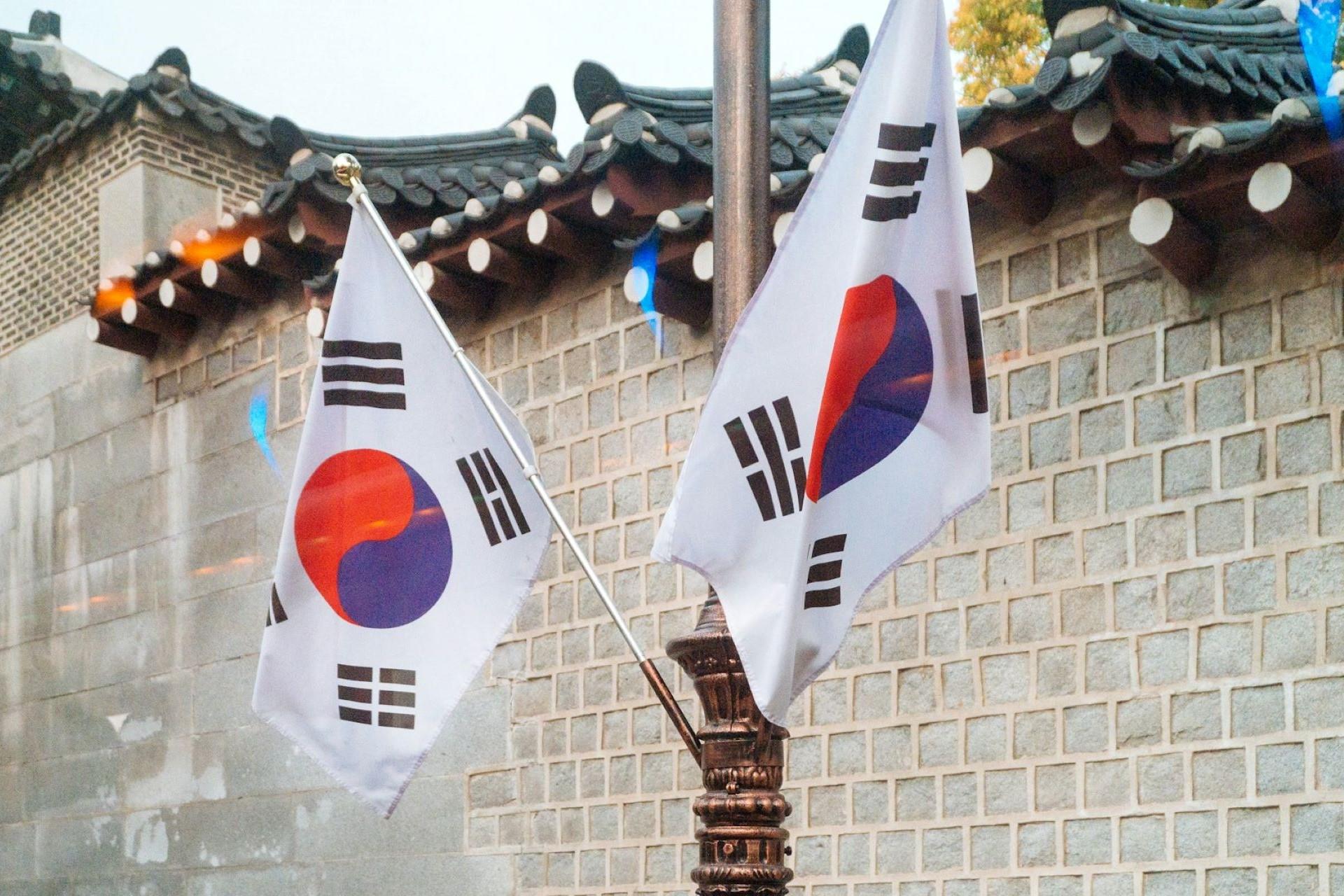 Two South Korean flags on a wall.
