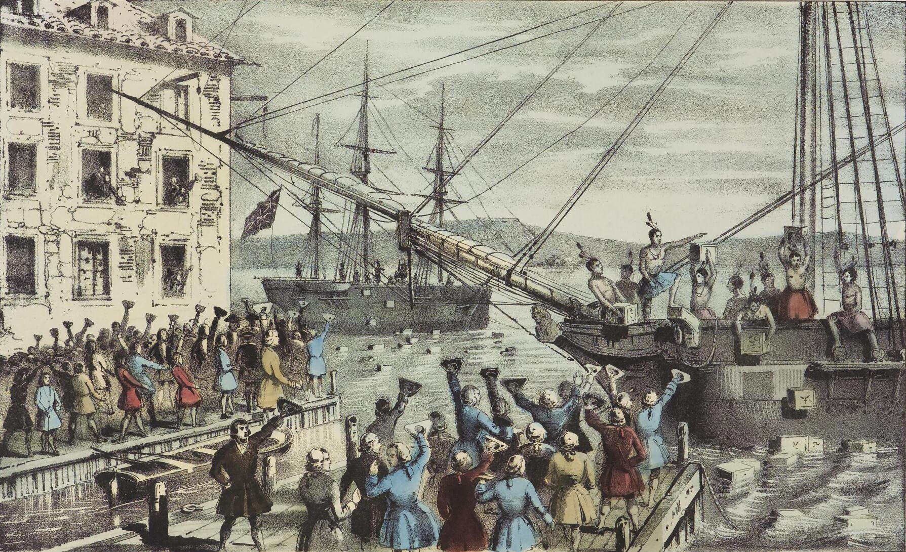A lithograph of the Boston Tea Party.