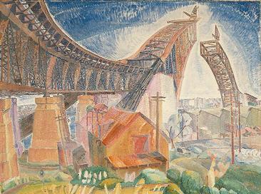 A painting of the Sydney Harbour Bridge under construction.