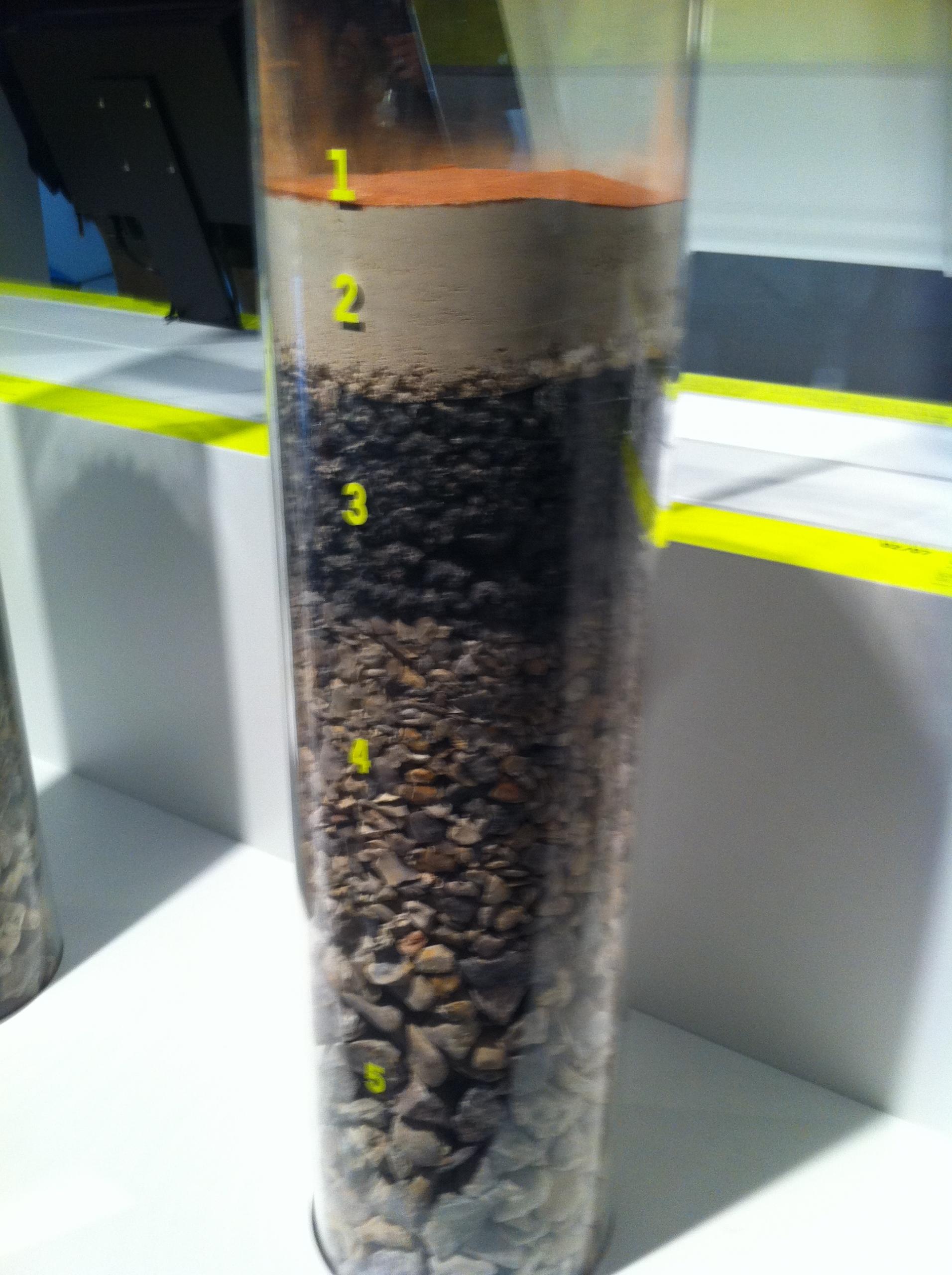 A model of the stratification of Roland Garros's clay courts, consisting of five layers: rock, pebbles, volcanic rock, crushed limestone, and crushed brick dust, against a white background with yellow borders.