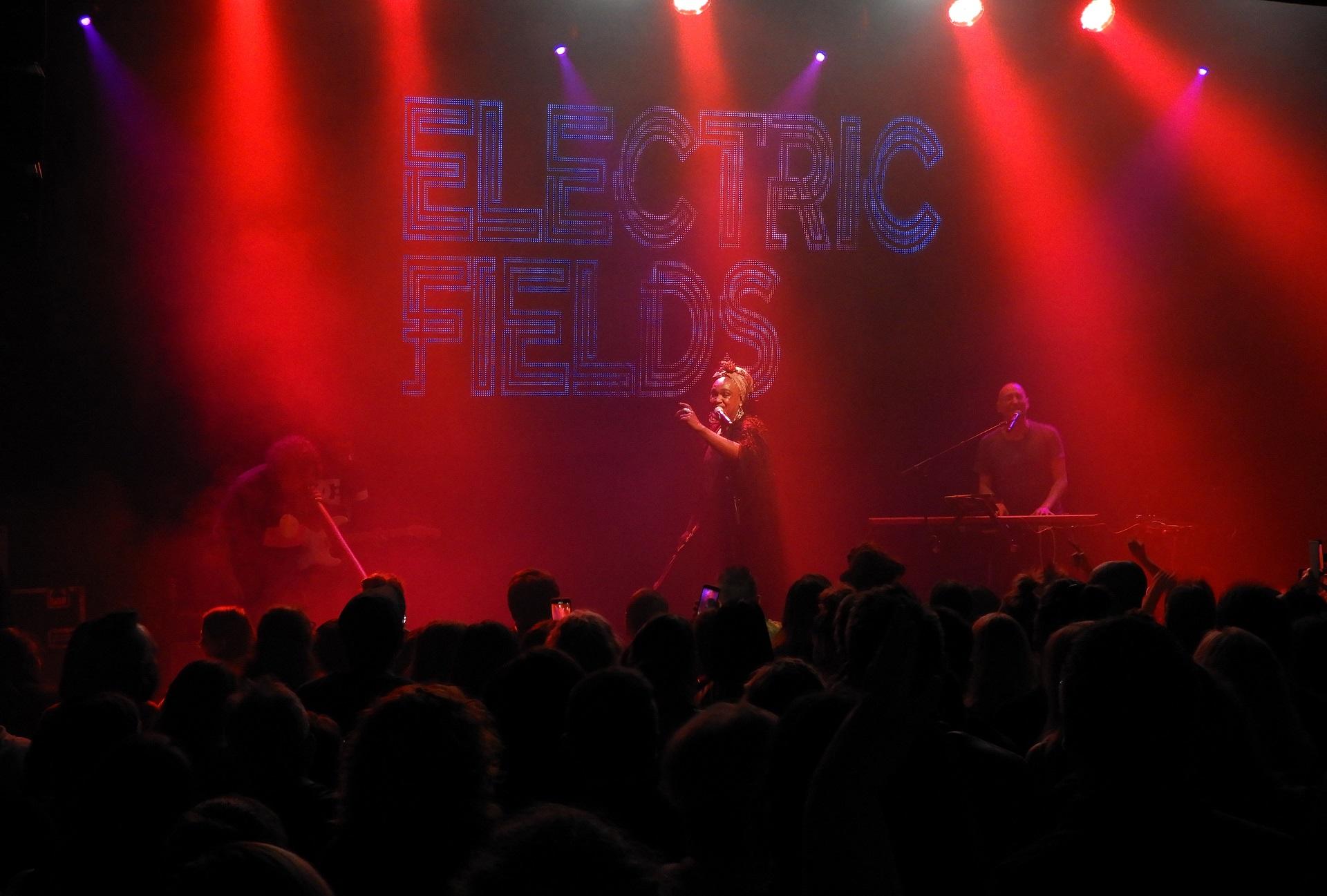 Electric Fields performing with the backdrop featuring their name in 70s era font and the stage lit in red lights.