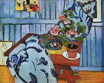 A painting of a blue room on a bright day.