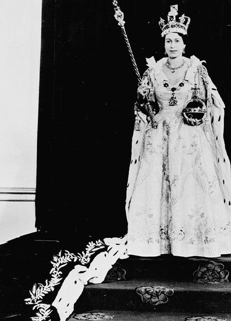 H.M. Queen Elizabeth II wearing her Coronation robes and regalia