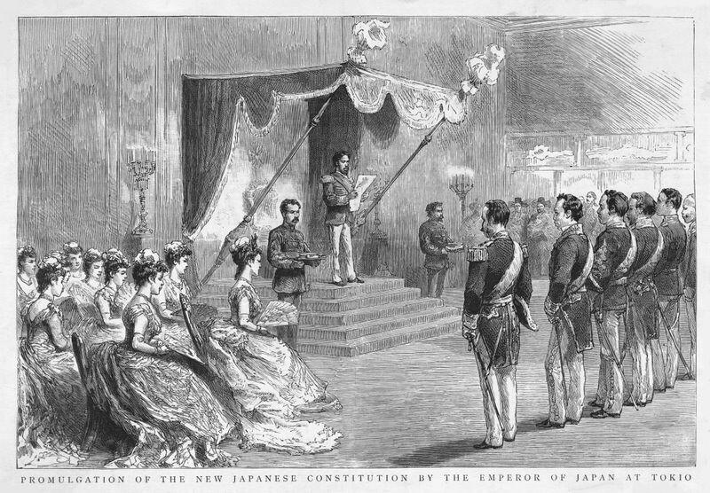 Historic scene depicting the Emperor of Japan at a podium, presenting the new constitution to an audience of dignitaries and nobles.