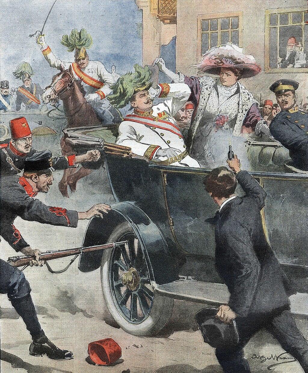 A painting depicting a man in uniform sitting in a moving car being shot at.