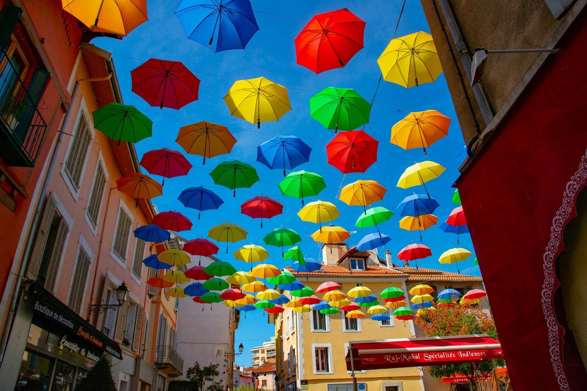 Umbrellas in the street in Gap, France.