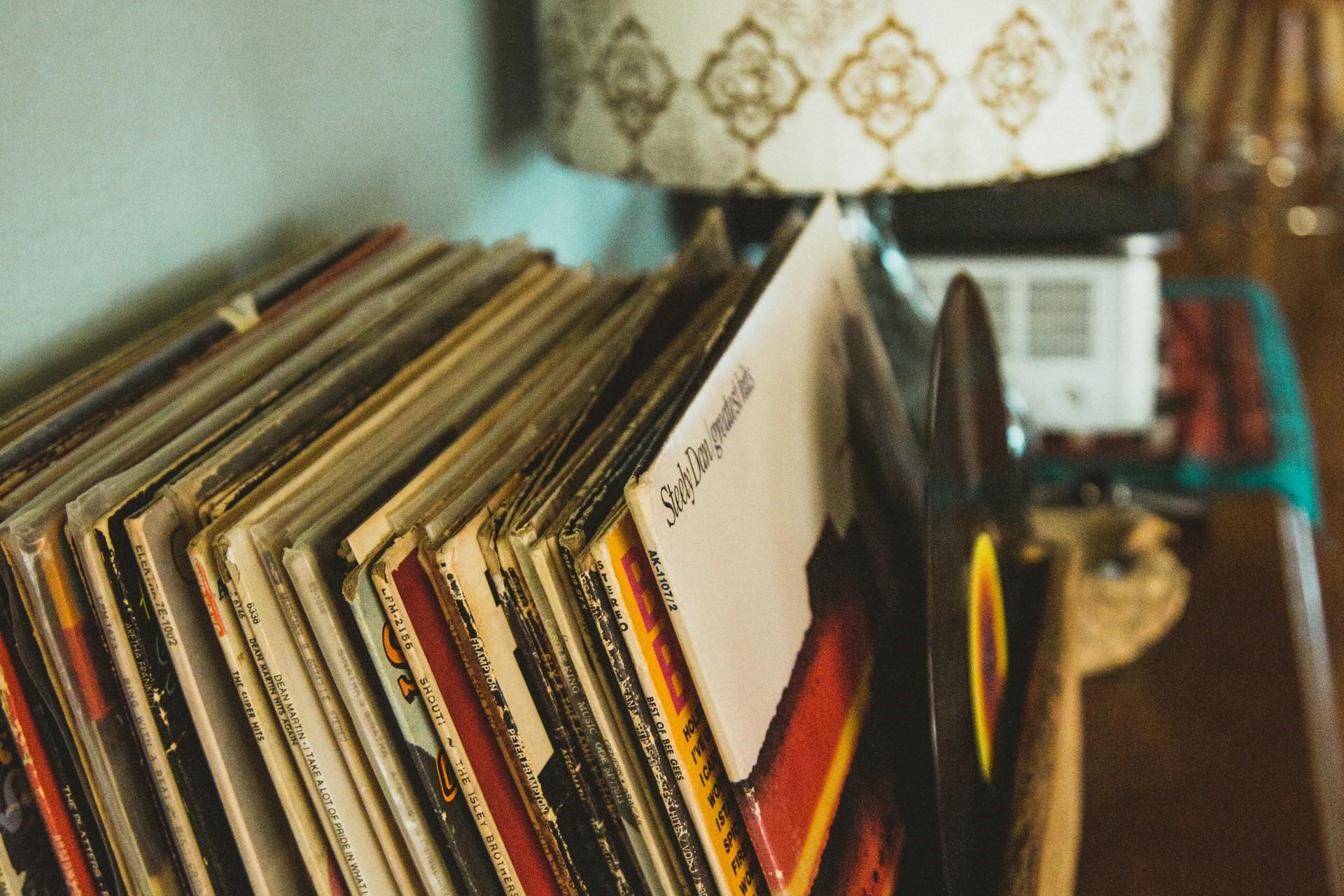 A view of a collection of vinyl records.
