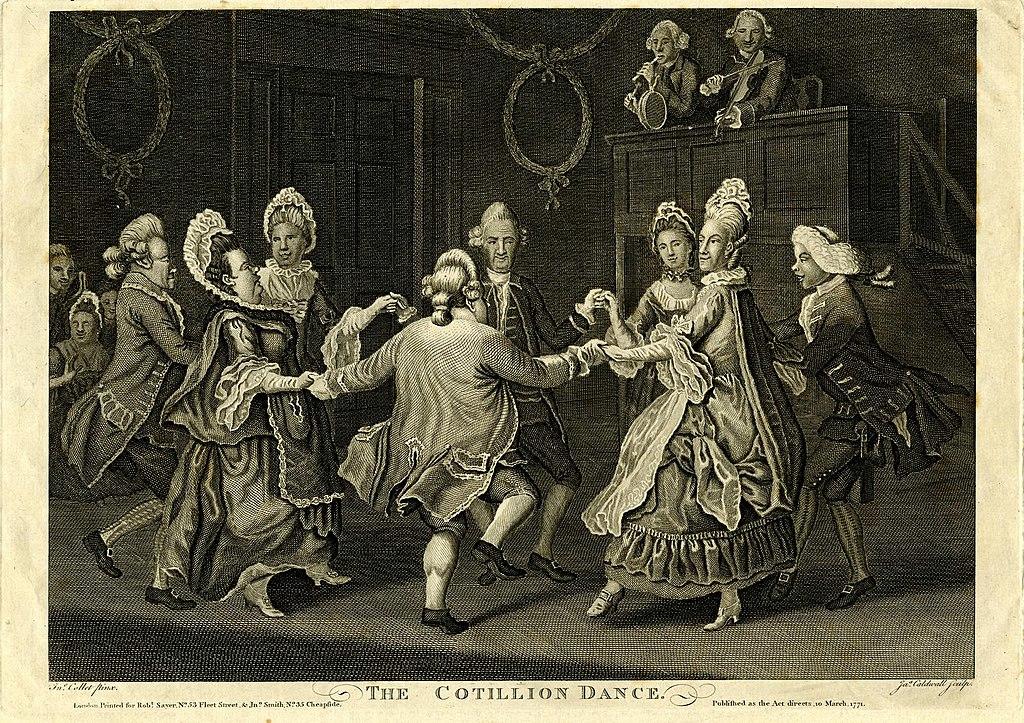 Etching and engraving portraying a Satire on inelegant dancers. A ballroom in which eight people, including one young couple, dance clumsily in a circle to the music of a violinist and a man playing a pipe and tambourine on a raised platform. 10 March 1771
