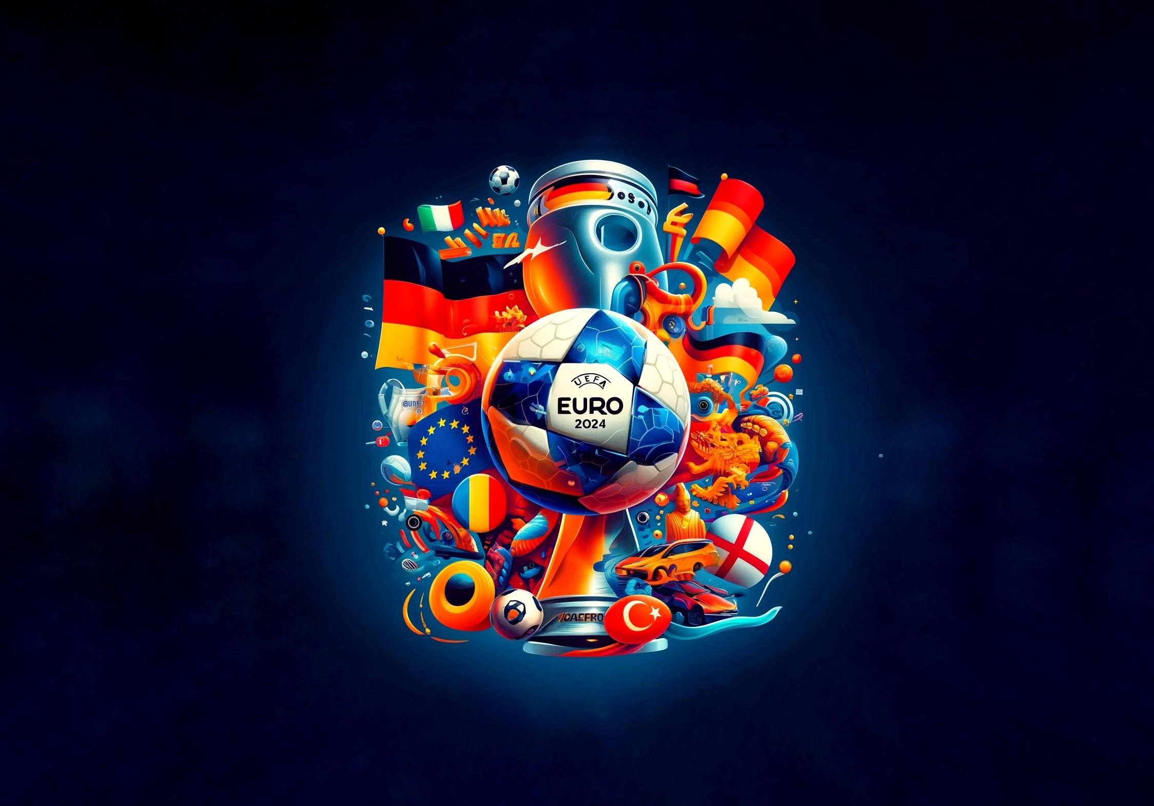 UEFA Euro 2024 quiz image featuring a football and flags of various participating country.