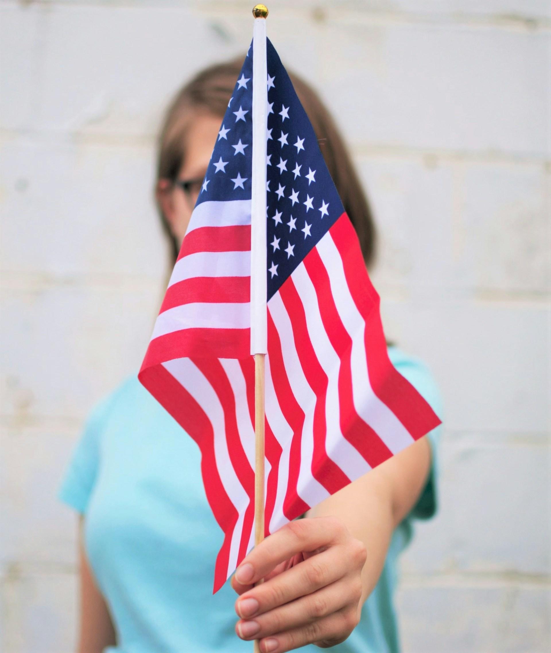 A person in a blue tee shirt hold an American flag up to the camera.