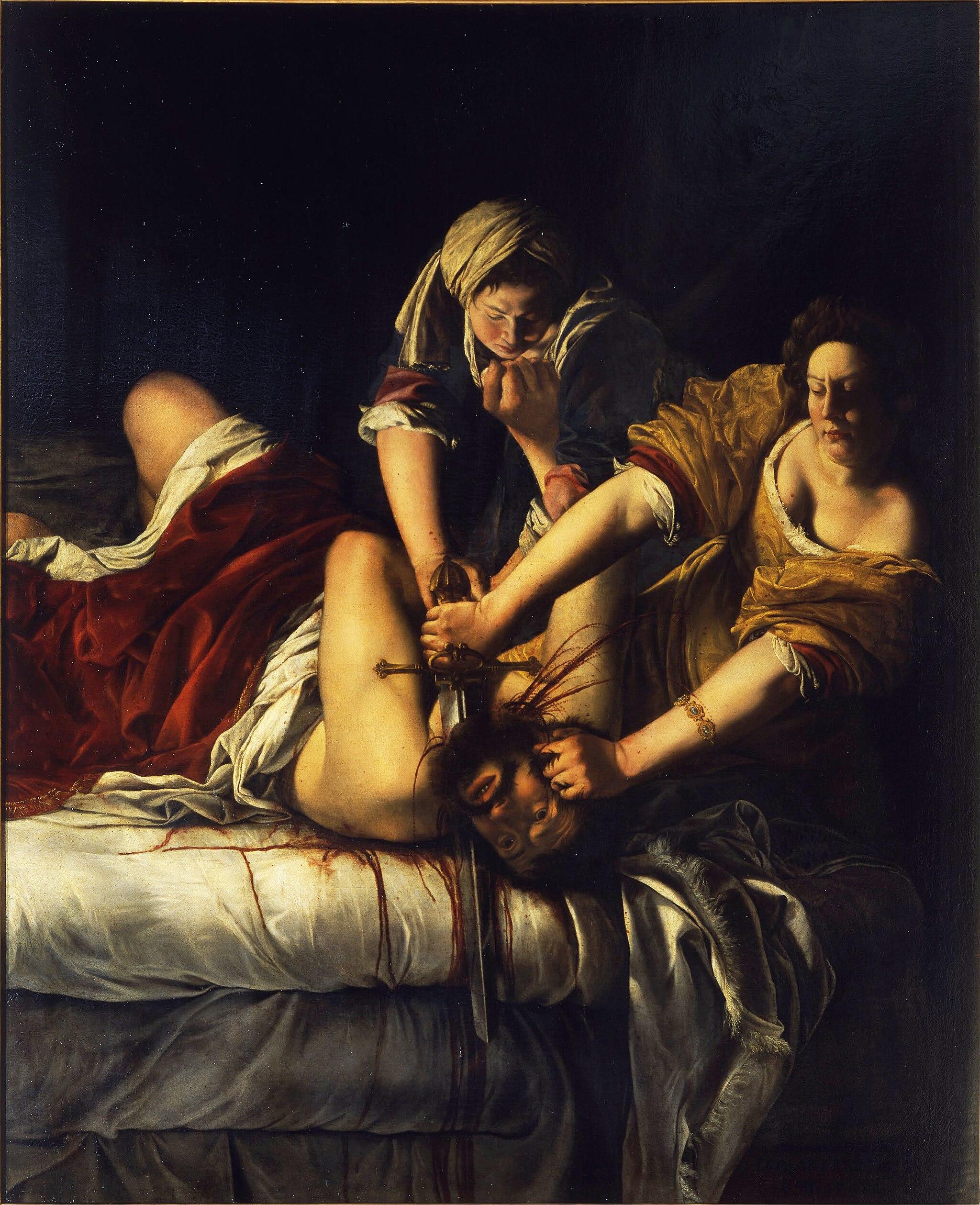 Two women pin down a man on a bed. With one hand, Judith holds his head; with the other, she slices his throat with a long sword. The intensity of the scene is highlighted by the dripping blood soaking the white bed sheets and the man's eyes wide open — conscious, but helpless. Artemisia is more a champion of strong women rather than a woman obsessed with violence and revenge.