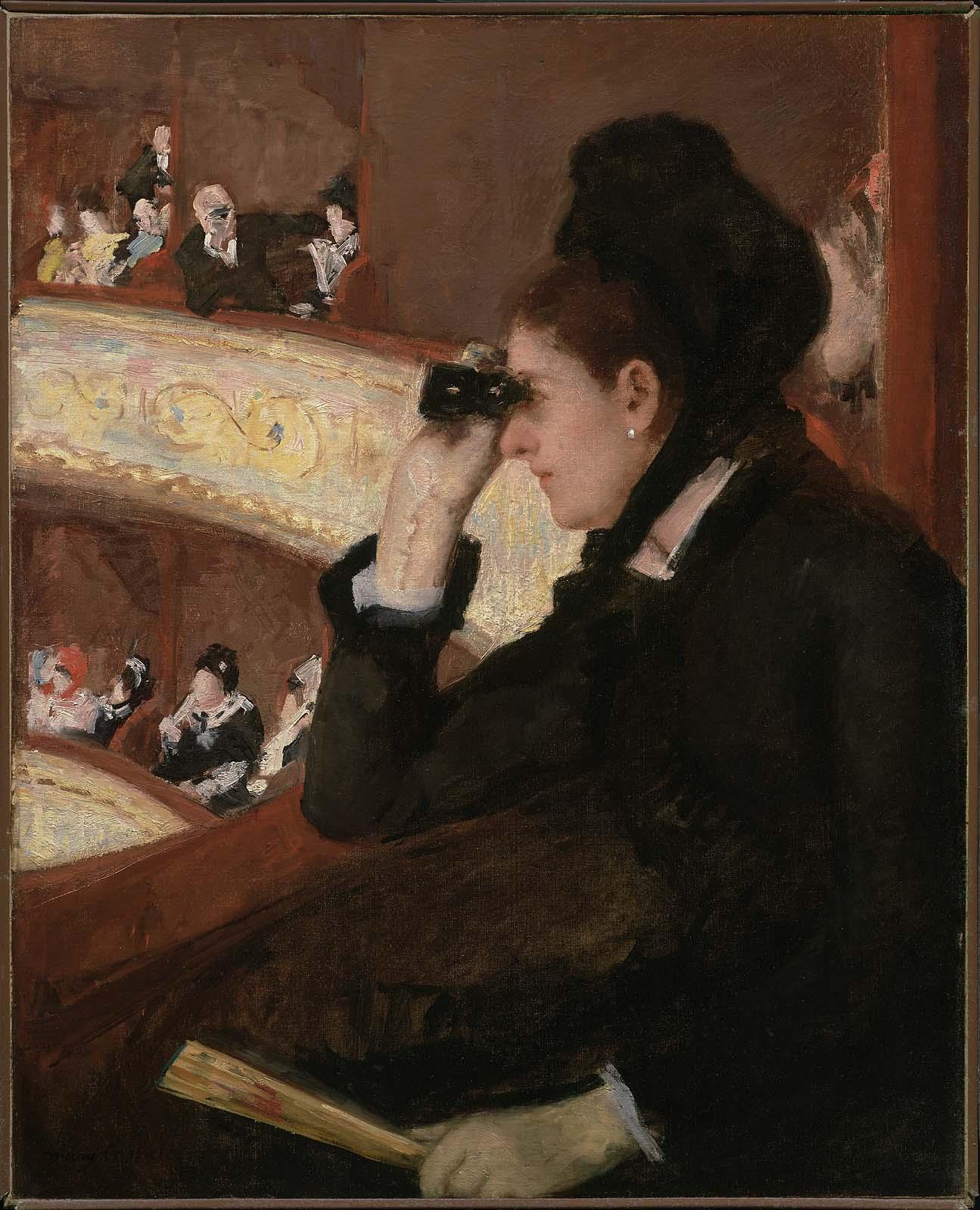 painting of a woman in a high-up seat at the theatre, observing the stage through her opera glasses
