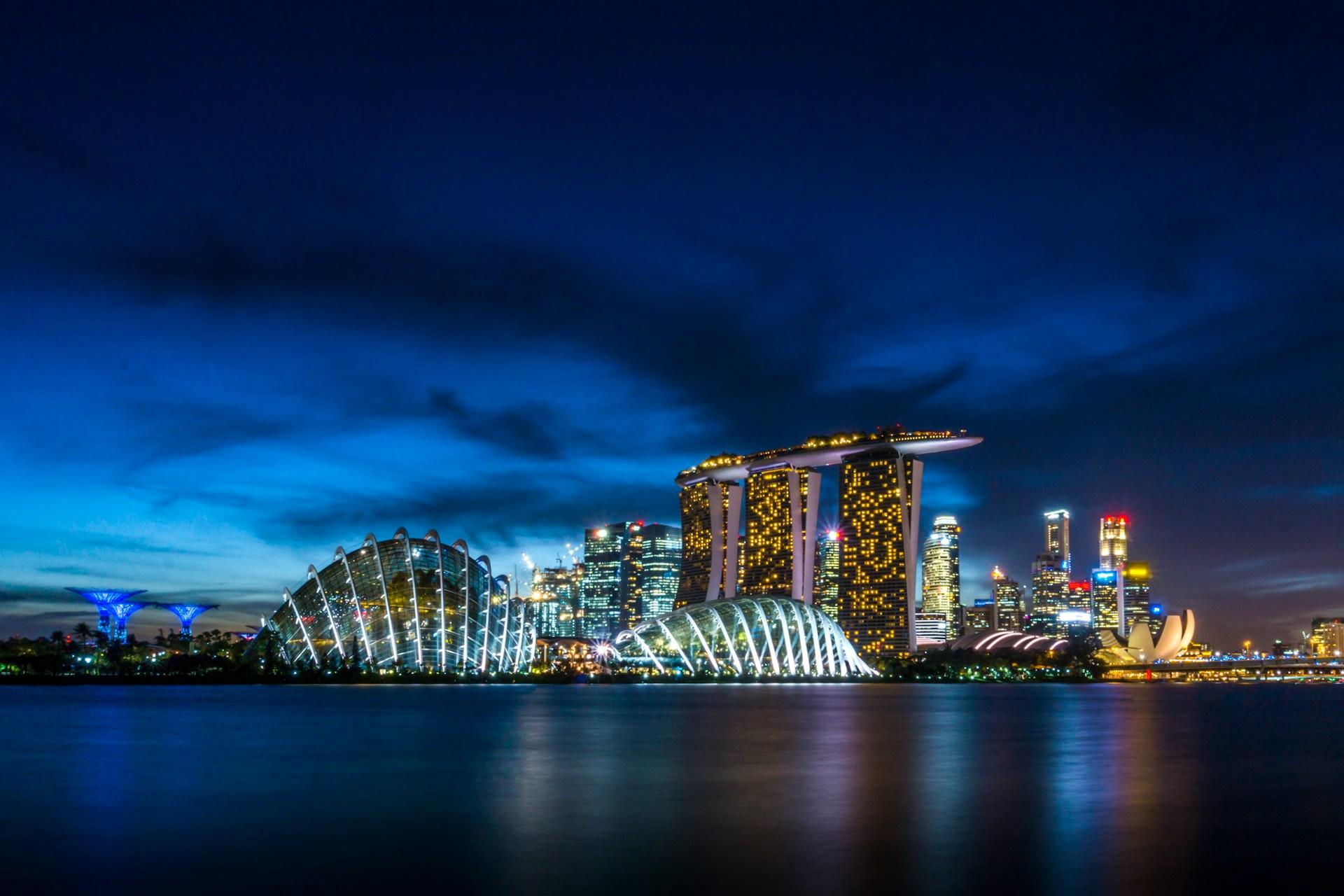 The Singapore skyline at night.