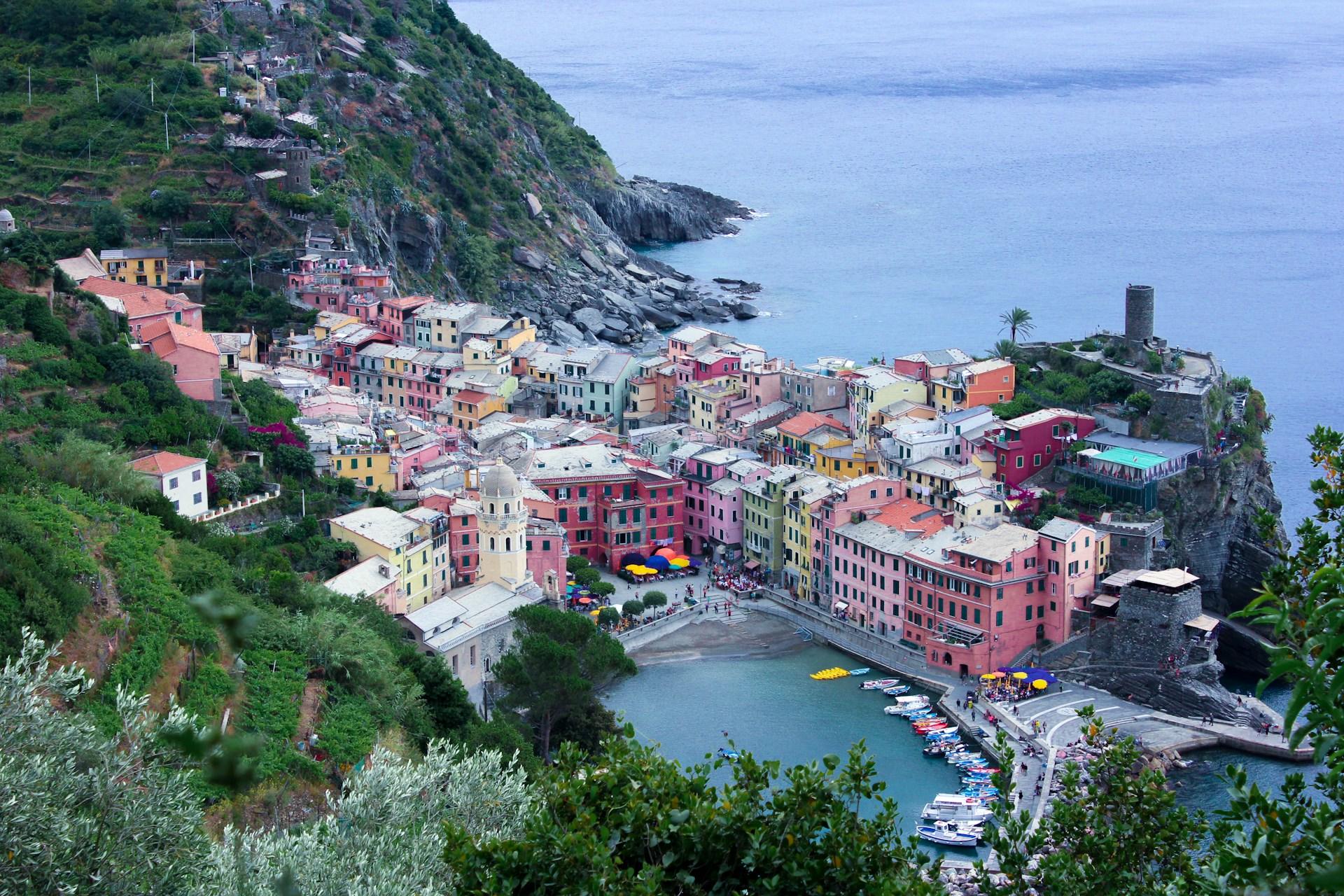 A view looking down at a bay in Vernazza, Italy.