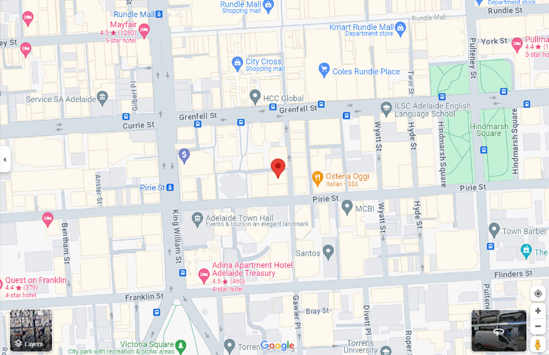 A map of downtown Adelaide with a location marked in red.