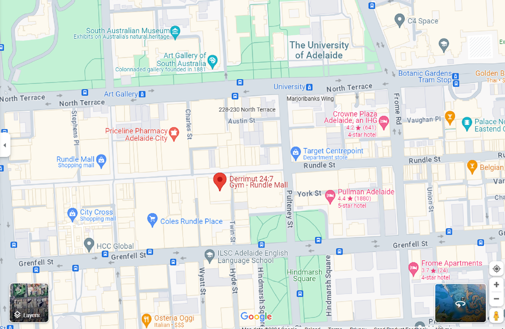 A map of Adelaide showing Derrimut Gym's location.