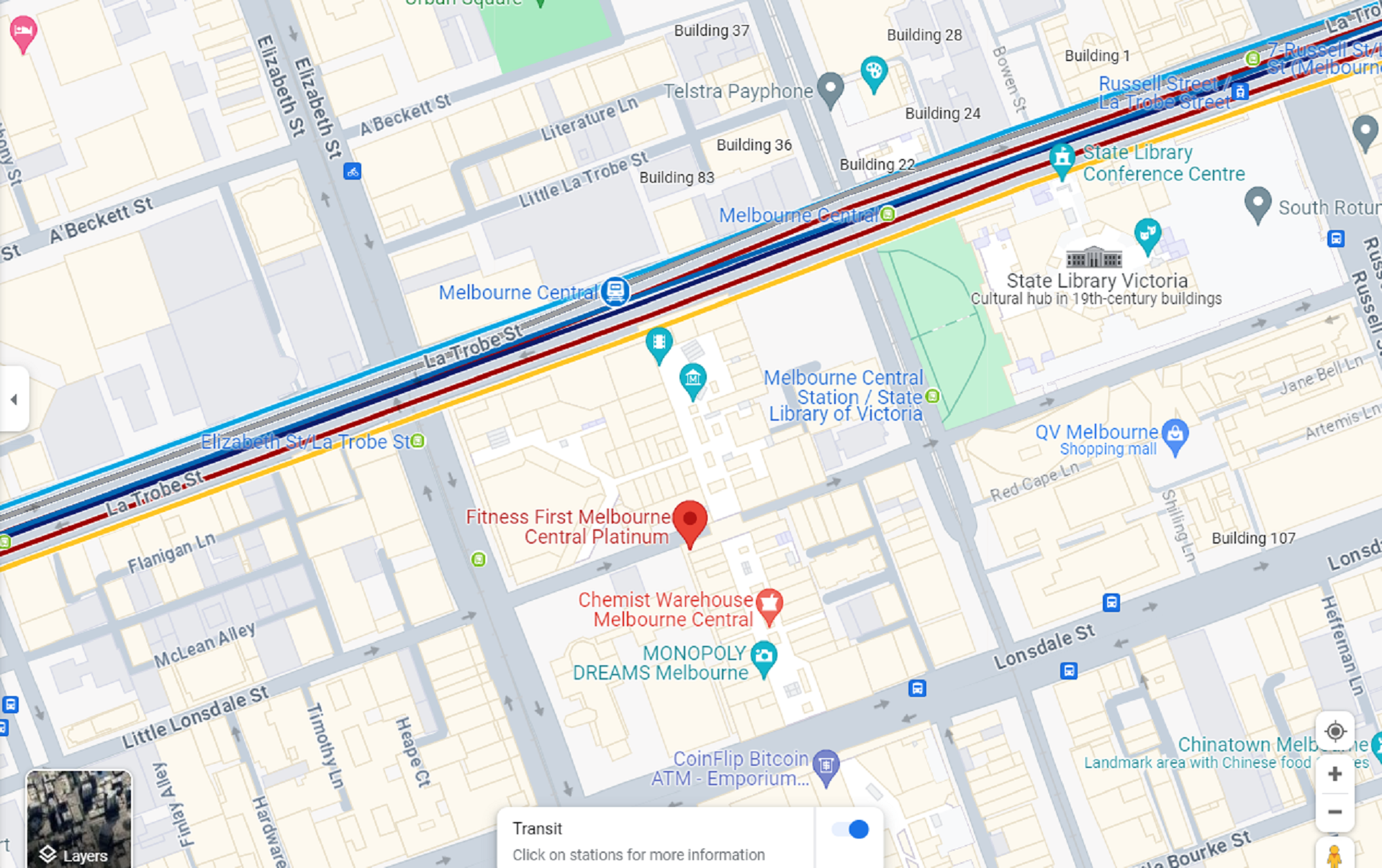 A map showing the location of Fitness First in Melbourne.