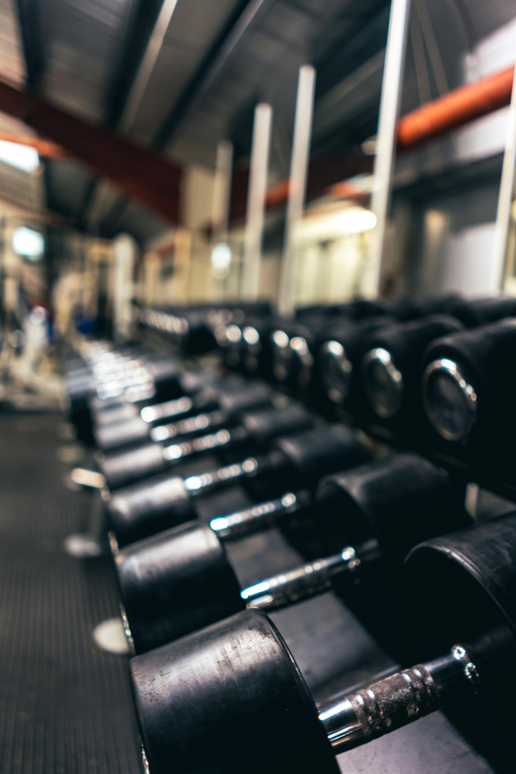 A row of black weights lined up in a rack in a gym.