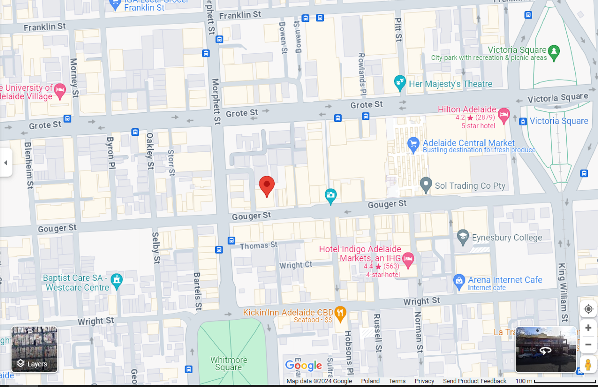 A map showing a facility on Gouger Street in Adelaide.