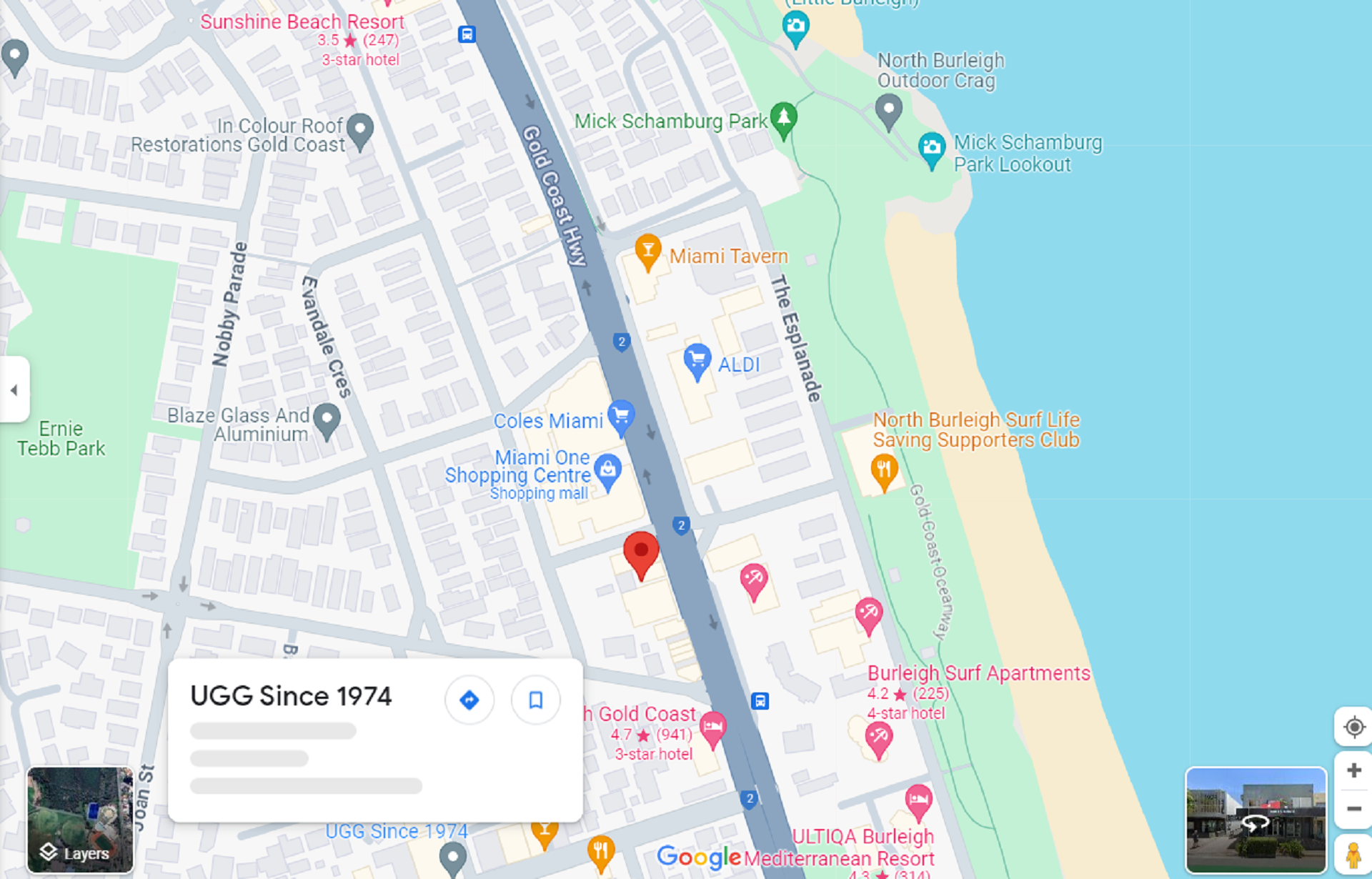 A map of Gold Coast with a red marker showing a location.