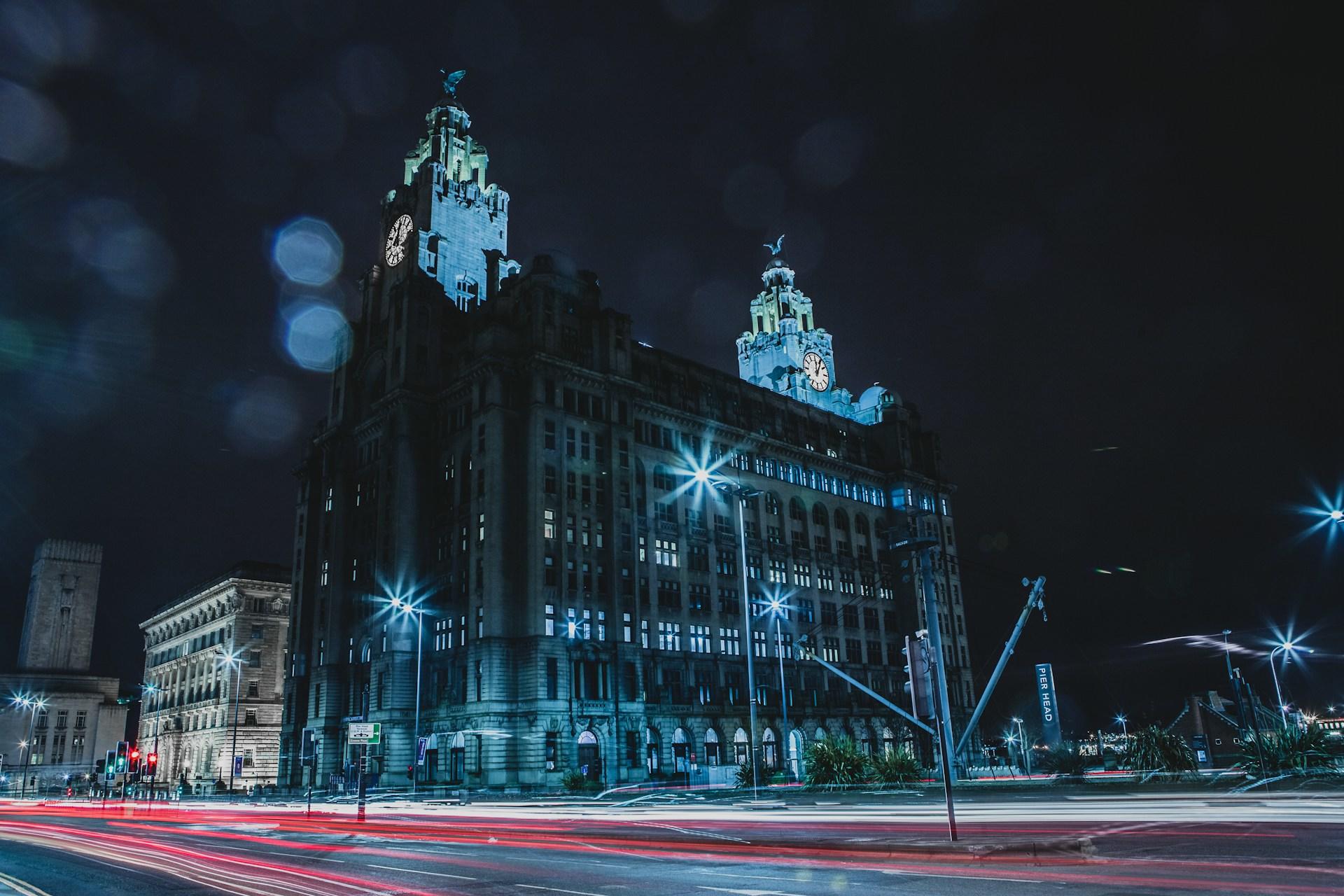 A view of the Liverpool Liver Building at Night.