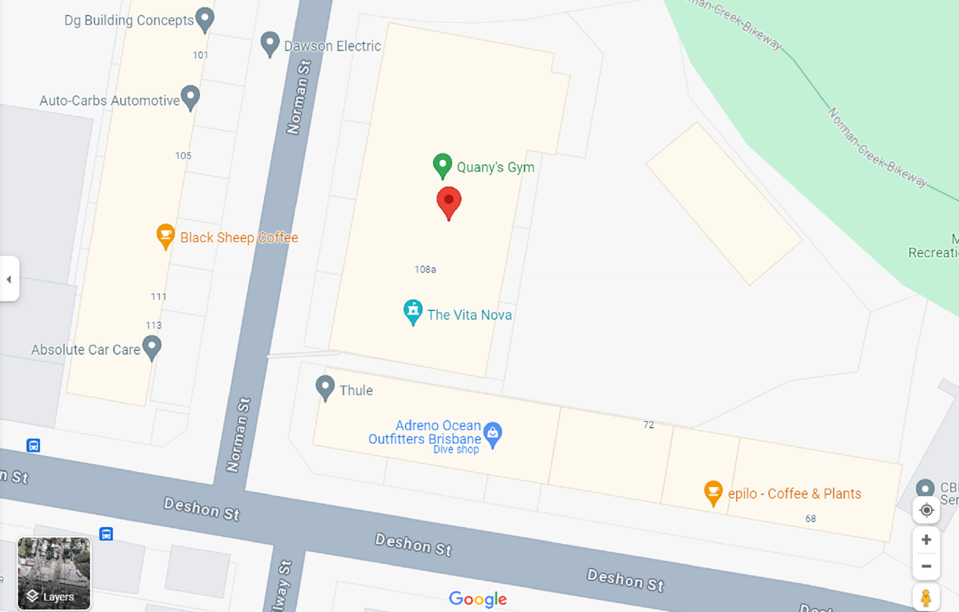 A map showing the location of Quany's Gym in Brisbane.
