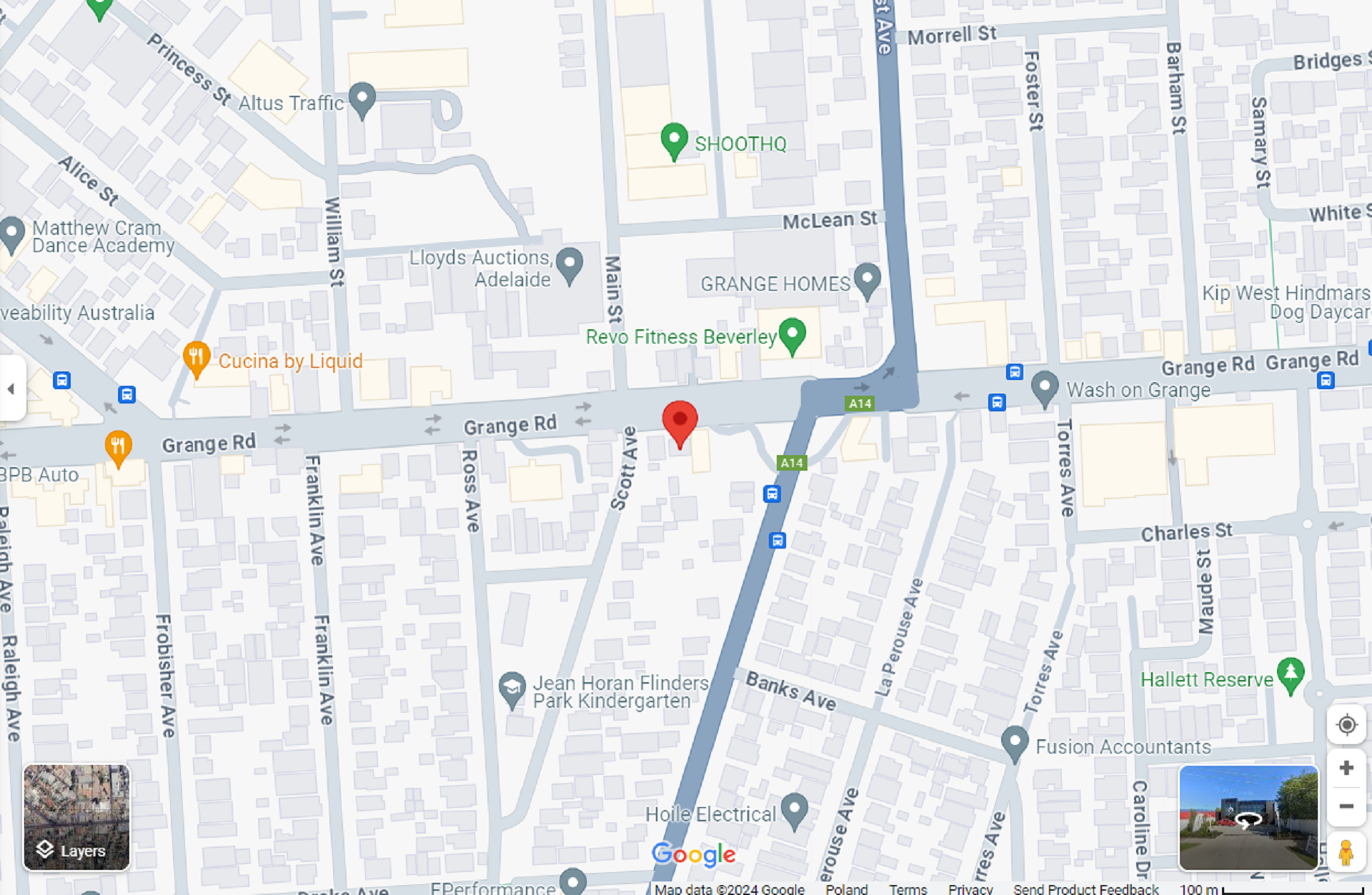 A map showing a location on Grange Road in Adelaide.