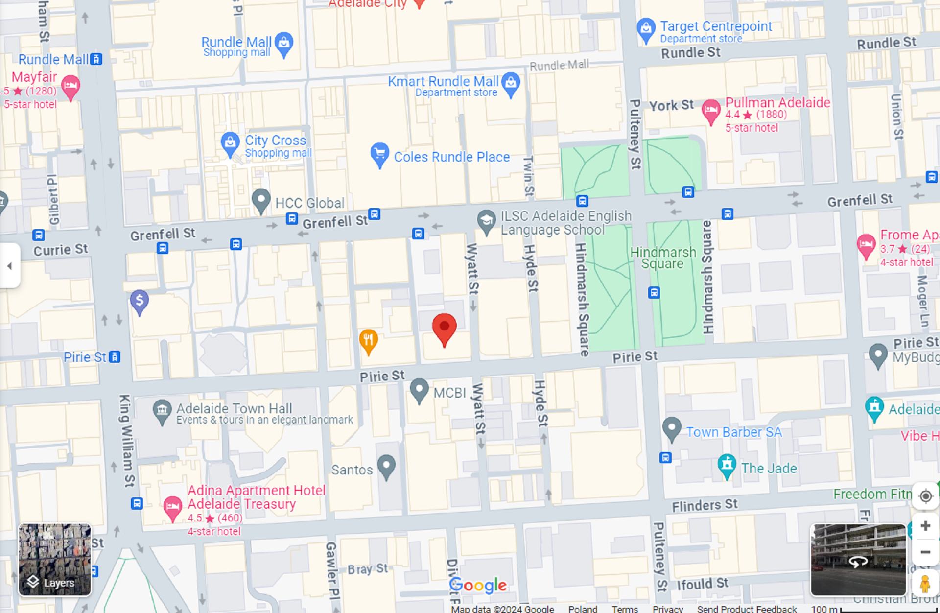 A map showing a location on Pirie St in Adelaide.