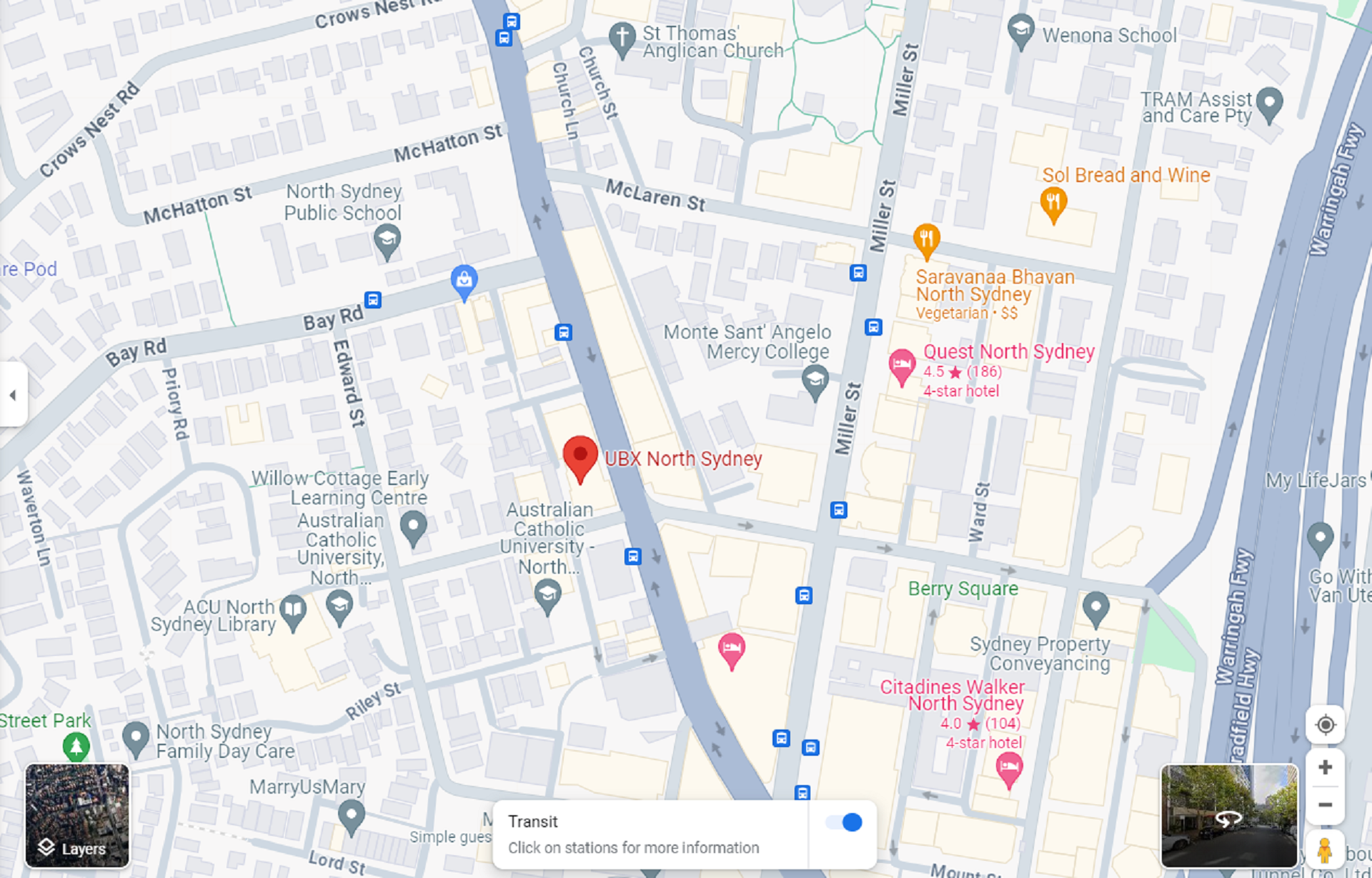 A map pinning the location of a fitness club in Sydney.