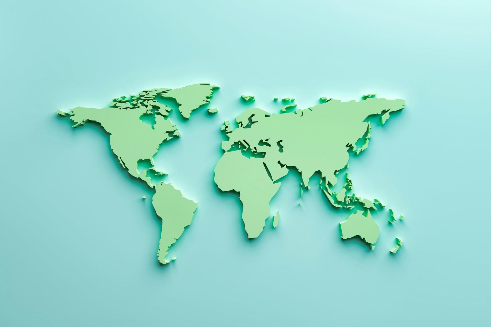 3D render of a world map displayed on a blue background