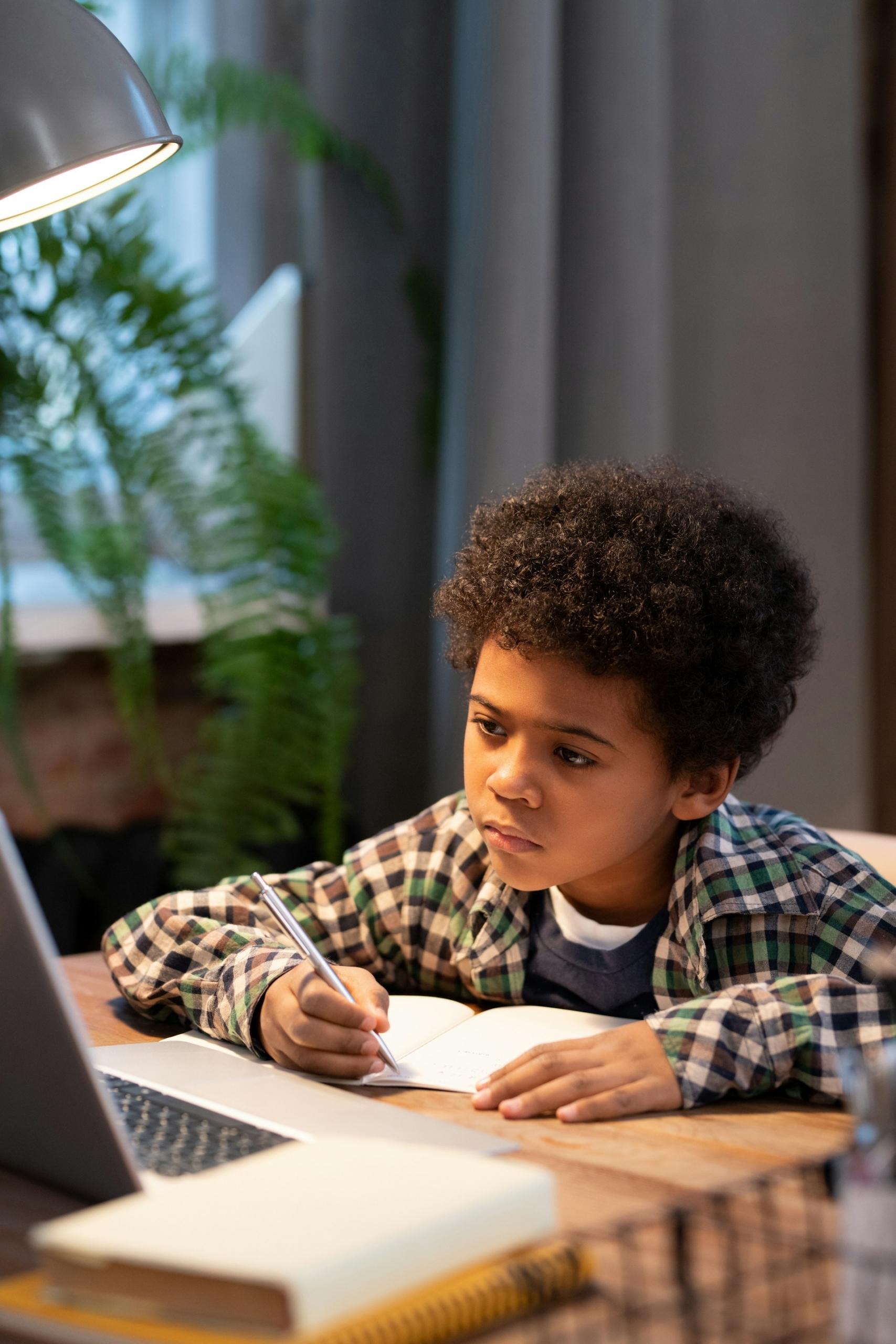 A young boy sits at the computer with a notepad and pencil in hand.