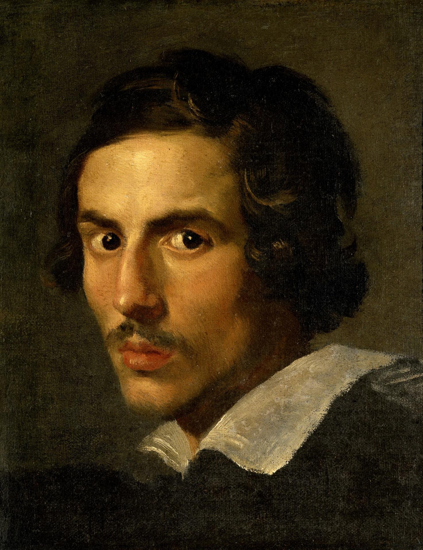 A picture of an oil painting of a young man with dark hair, wearing a white collar and a dark shirt.