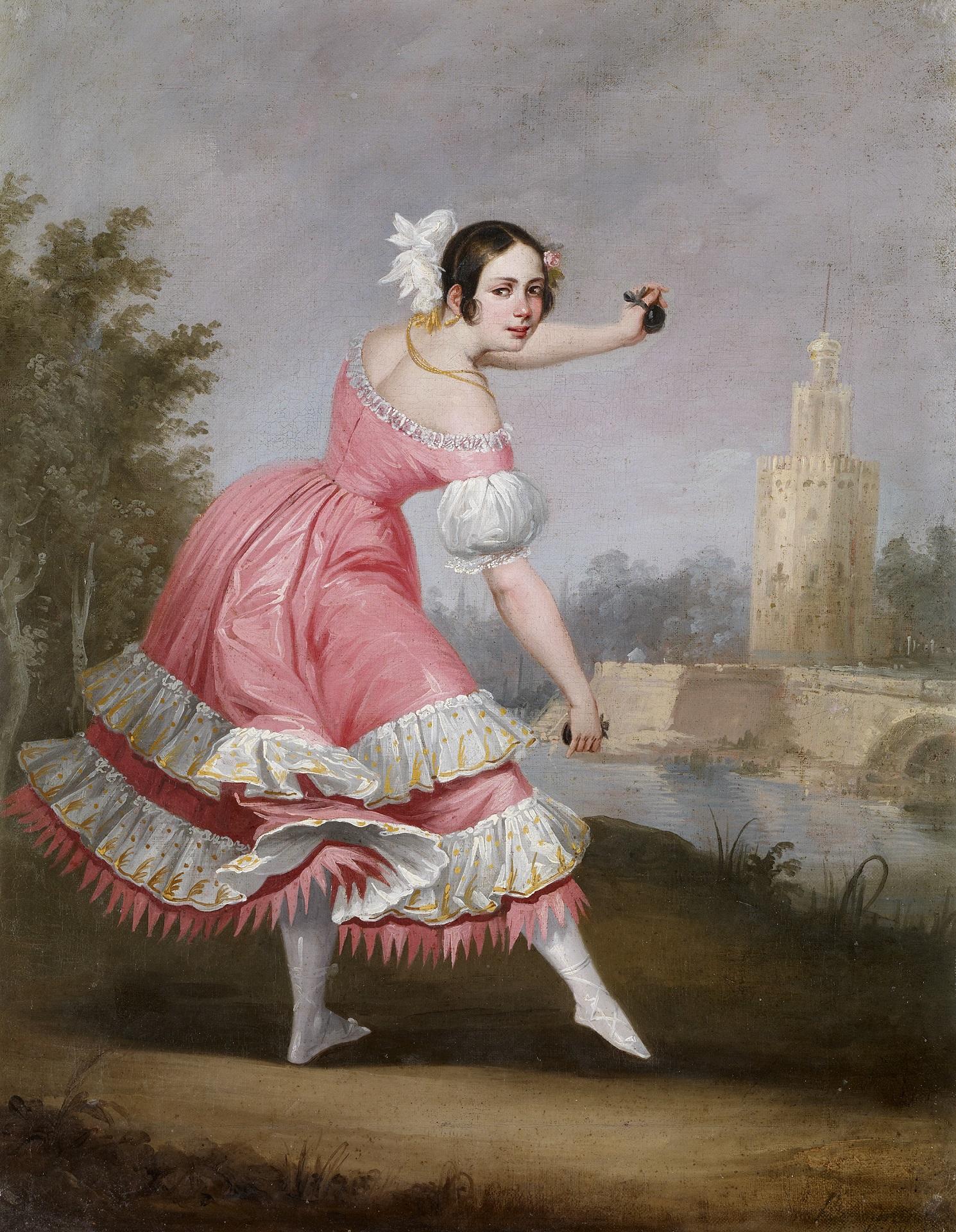 A woman in a pink dress in a dance pose. 