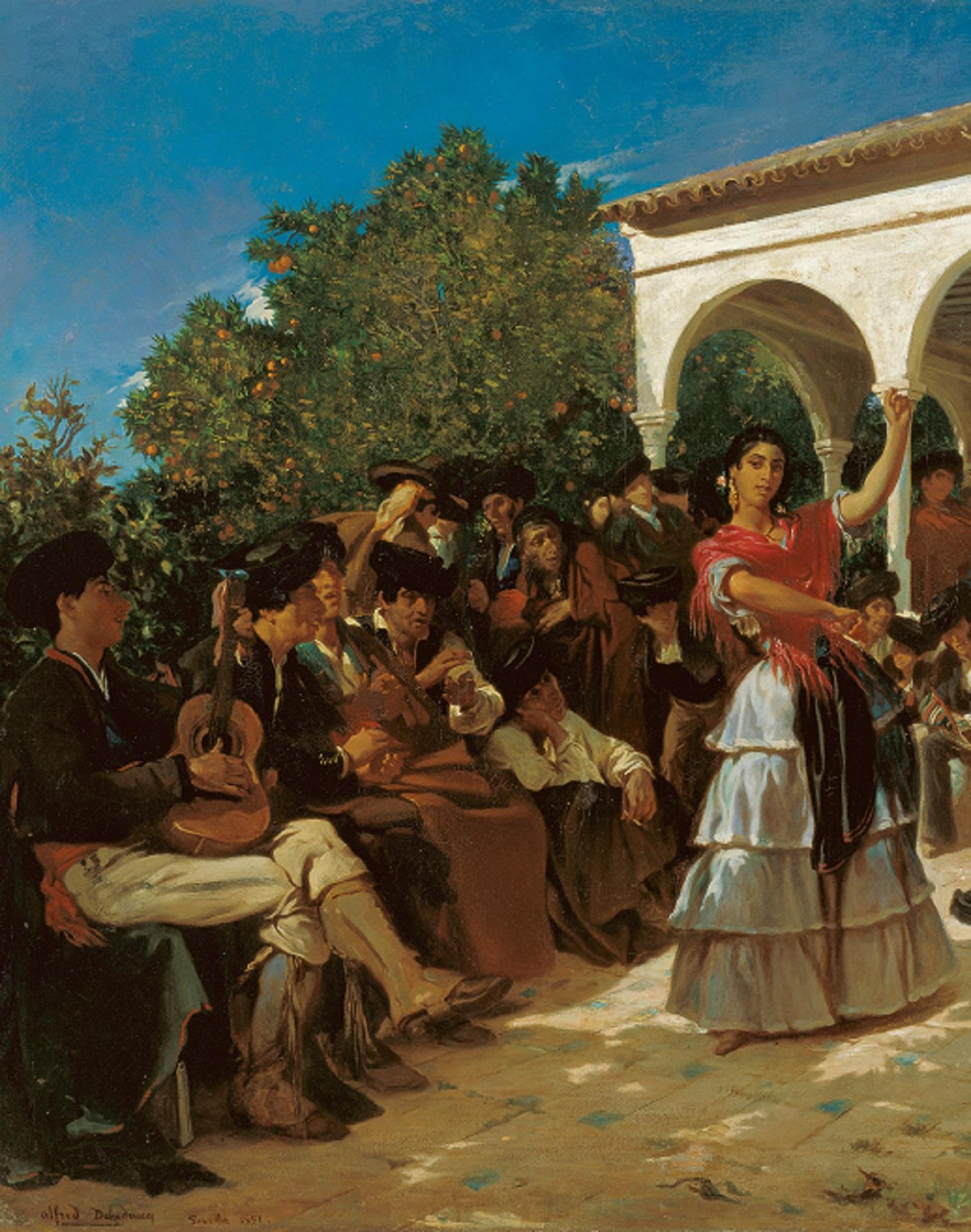 A woman dances while men sit and play music instruments. 